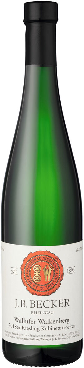 Eine Flasche ZEIT-Weinedition »Rheingau« J.B. Becker 2018er Riesling Kabinett trocken. Die Flasche hat ein grünes Glas und ein weißes Etikett mit rotem Siegel und schwarzem Text.