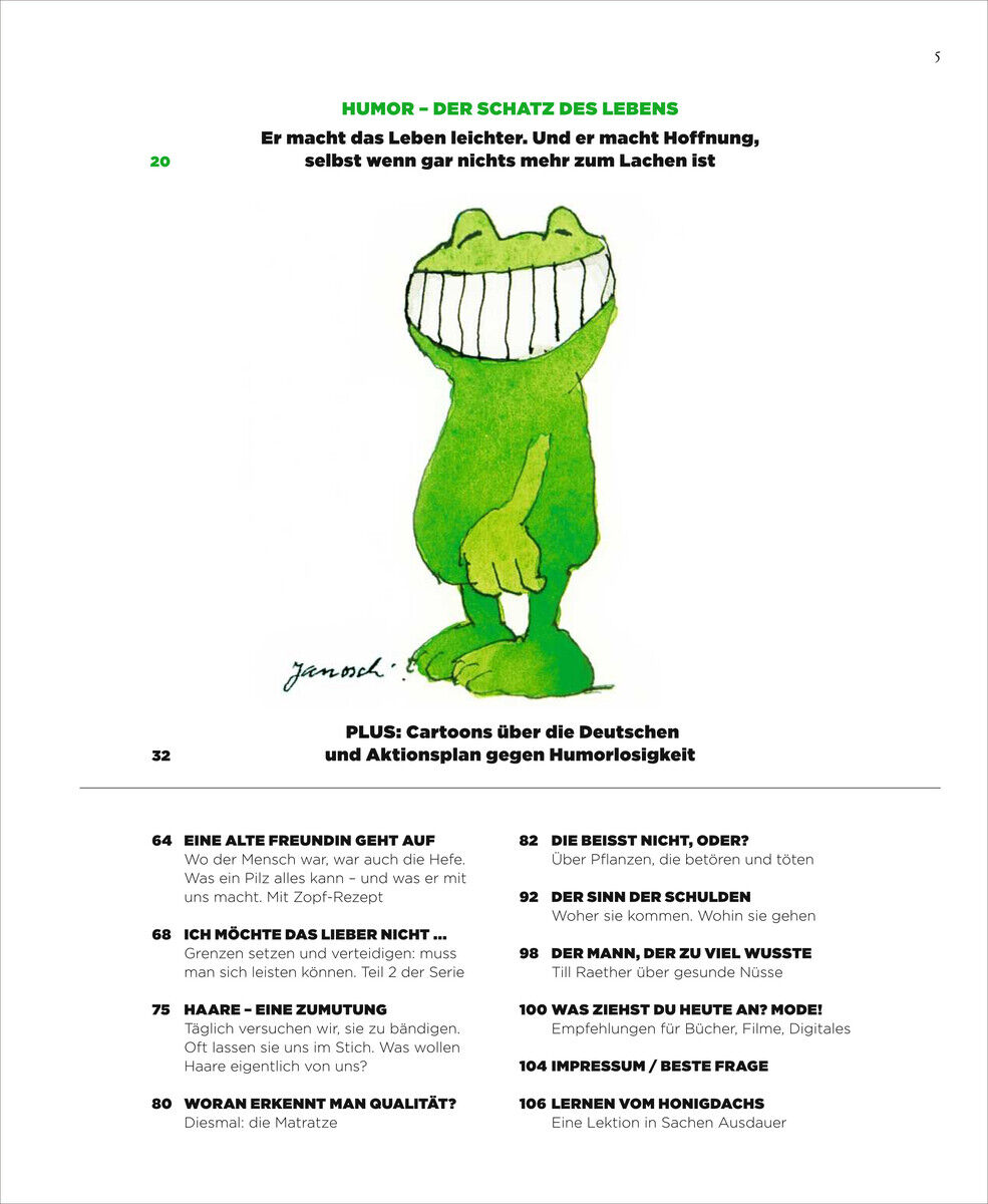 Cover der Zeitschrift ZEIT WISSEN 2/25 HUMOR mit einer grünen Cartoonfigur, die breit lächelt. Enthält Themen wie Humor und Cartoons über Deutsche.