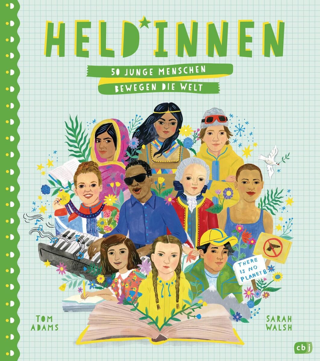 Das Cover des Buches 'Held*innen - 50 junge Menschen bewegen die Welt' zeigt eine Illustration von Kindern aus verschiedenen Kulturen und Hintergründen, die gemeinsam vor einer blauen, karierten Hintergrund stehen. Über dem Bild steht der Titel in großen, grünen Buchstaben.