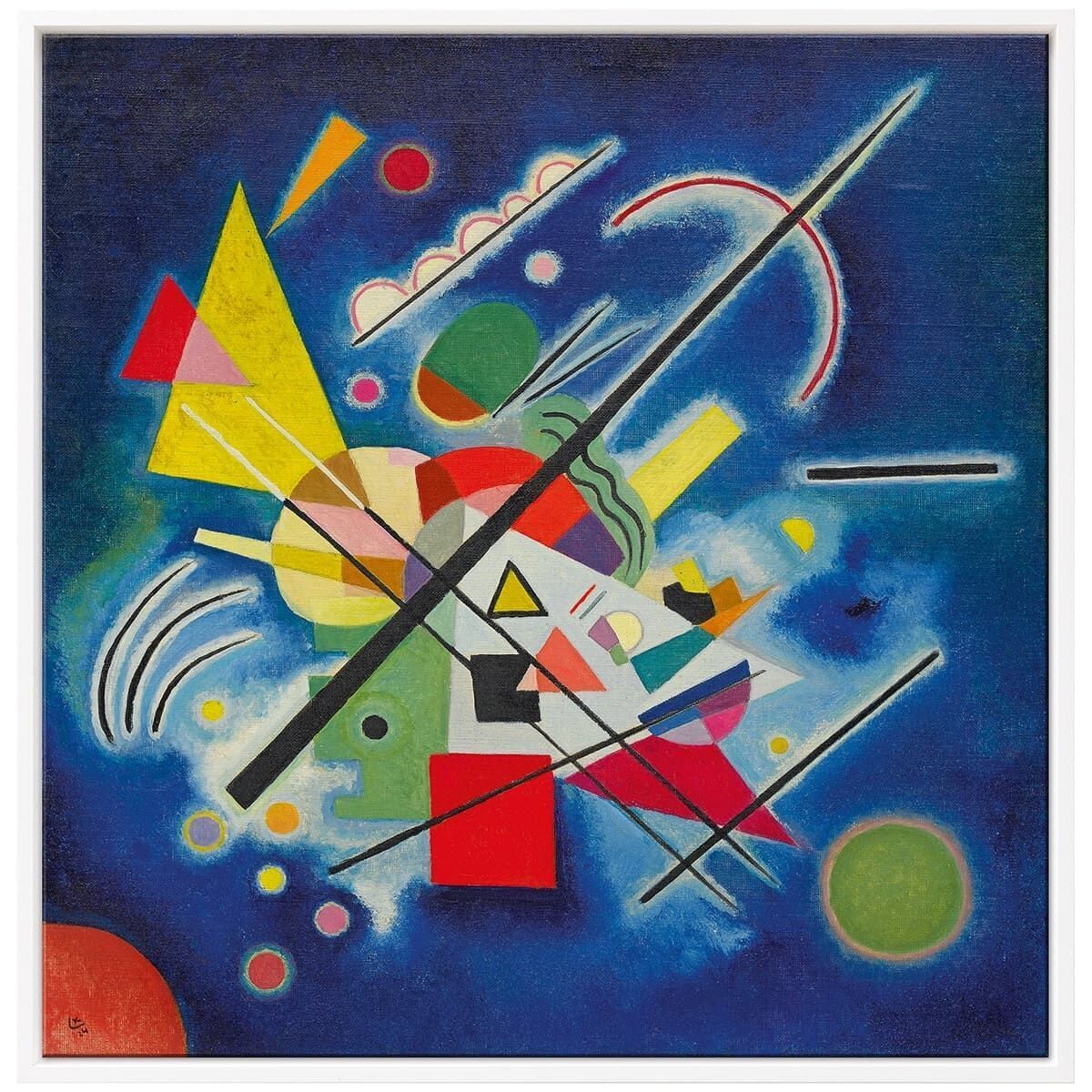 Ein abstraktes Gemälde von Wassily Kandinsky mit dem Titel »Blaues Bild«, 1924. Es zeigt eine dynamische Komposition aus geometrischen Formen und linien in leuchtenden Farben wie Blau, Gelb, Grün, Rot, Schwarz und Weiß. Die Formen scheinen im Raum zu schweben und sind miteinander verbunden.