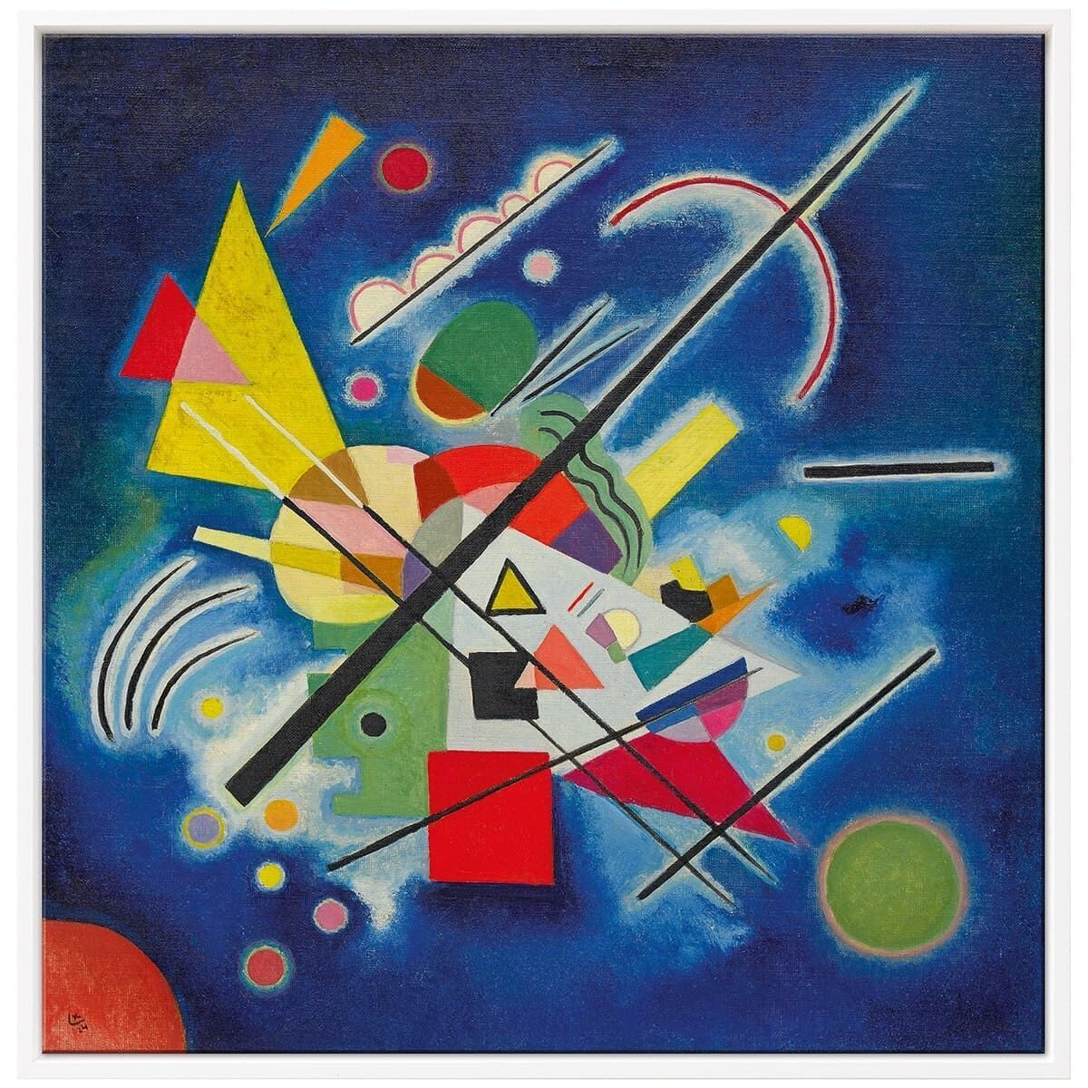 Ein abstraktes Gemälde von Wassily Kandinsky mit dem Titel »Blaues Bild«, 1924. Es zeigt eine dynamische Komposition aus geometrischen Formen und linien in leuchtenden Farben wie Blau, Gelb, Grün, Rot, Schwarz und Weiß. Die Formen scheinen im Raum zu schweben und sind miteinander verbunden.