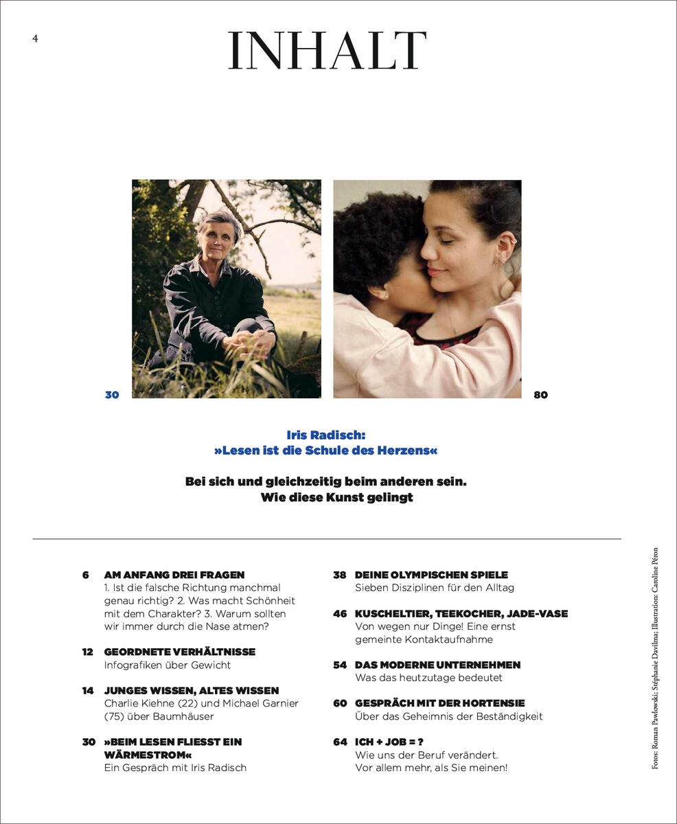 Inhaltsverzeichnis des Magazins ZEIT WISSEN 4/24 mit Fokus auf verschiedene Themen wie Schule des Herzens, Alltag, Jugend und Technik.
