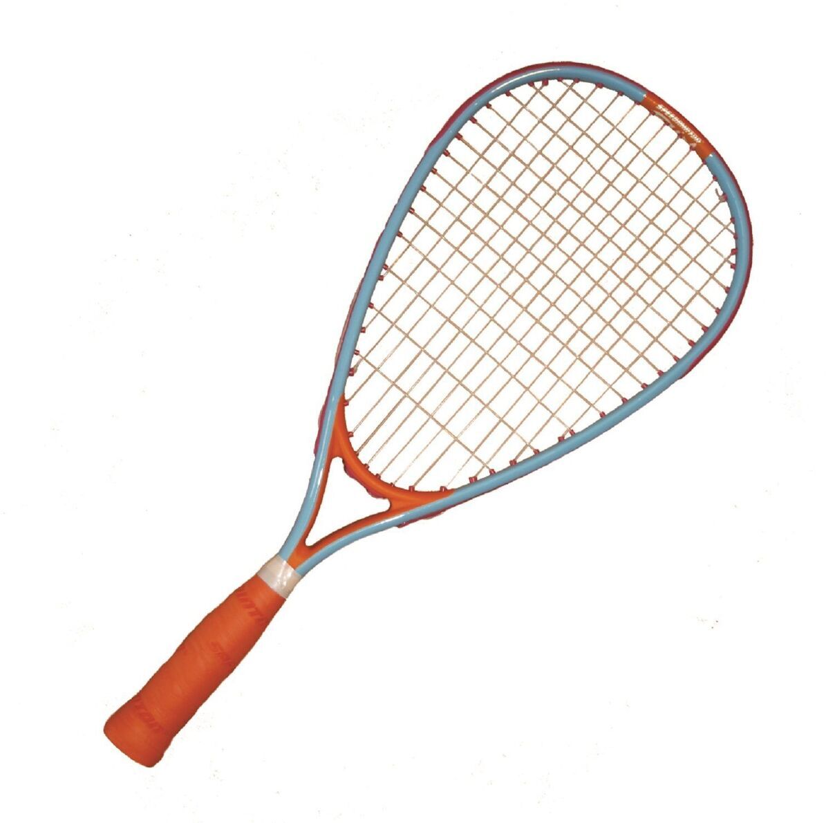 Ein Speedminton-Schläger mit orangem Griff und hellblauem Rahmen, geeignet für Freizeit- und Outdoor-Aktivitäten.