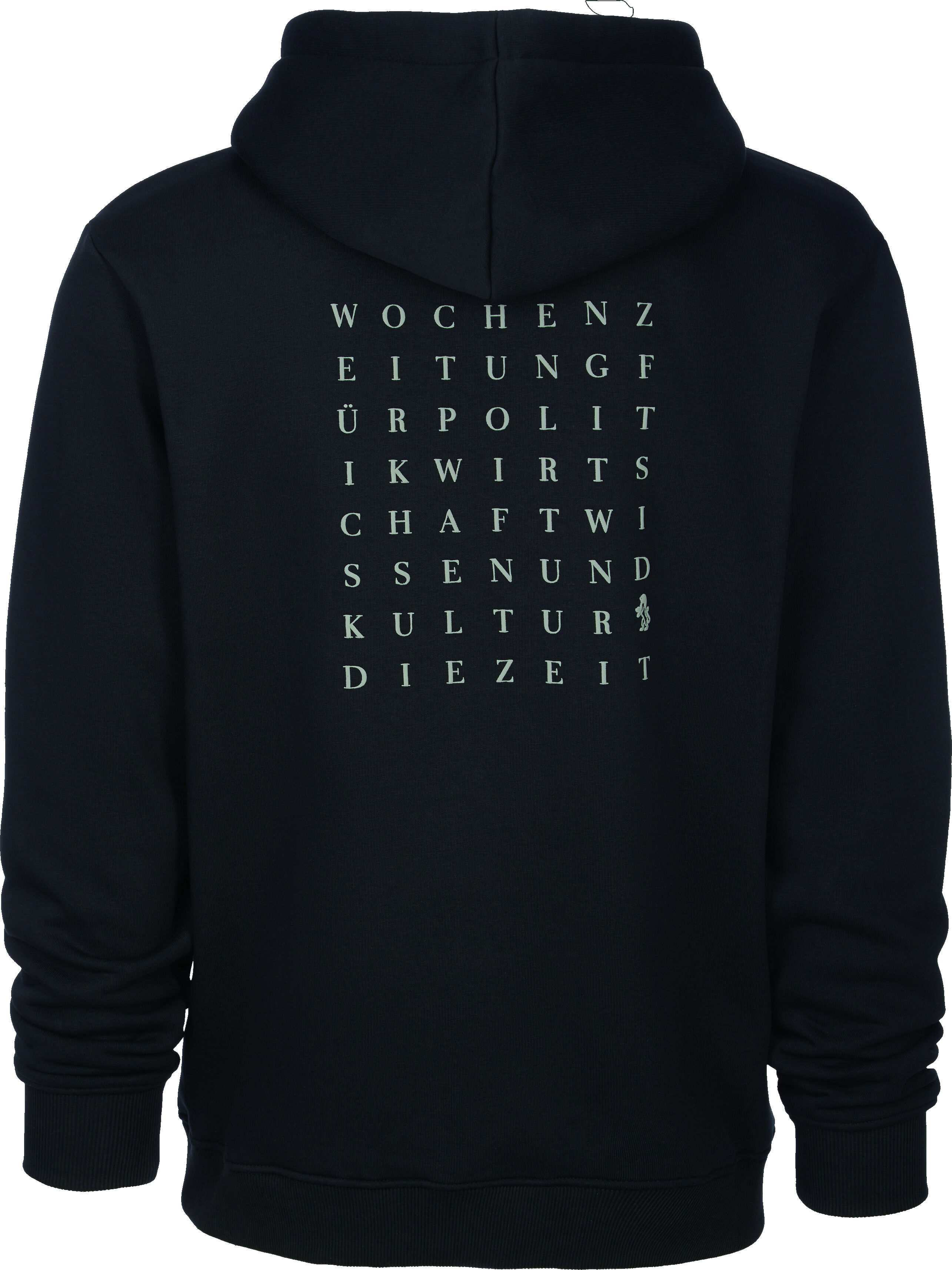 Rückansicht eines dunkelblauen Hoodies aus der ZEIT-Kollektion mit weißem Backprint, der Wörter wie 'WOCHE', 'ZEITUNG', 'KULTUR' und 'DIE ZEIT' zeigt. Der Hoodie hat eine Kapuze und lange Ärmel.
