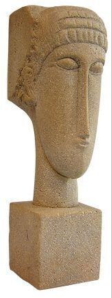 Die Skulptur 'Tête I' von Amedeo Modigliani zeigt einen abstrahierten Kopf aus Stein mit ovalem Gesicht, langen Hals und künstlerisch reduzierten Merkmalen, die minimalistische Schönheit und moderne Ästhetik verkörpern.