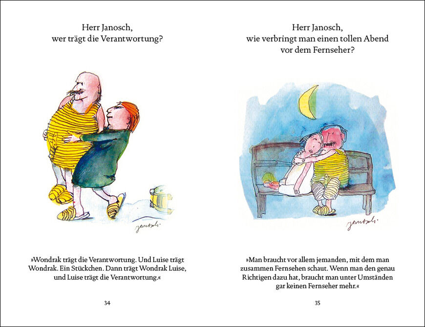Eine Seite aus dem Buch "Janosch: Wondrak für alle Lebenslagen" mit zwei farbenfrohen Illustrationen und passendem Text. Links ist eine Zeichnung von zwei Figuren, wobei eine Figur eine Tasse hält und die andere Verantwortung trägt. Rechts sitzt eine Figur auf einer Parkbank unter einem Halbmond. Witzige und tiefgründige Lebensratgeber für Kinder und Erwachsene.