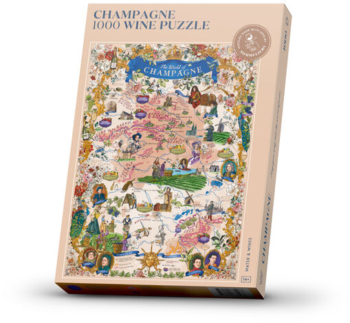 Ein Puzzle mit dem Titel 'Champagne 1000 Wine Puzzle' zeigt eine illustrierte Karte einer Weinregion. Das Puzzle ist in einem rosa Karton verpackt und hat 1000 Teile.