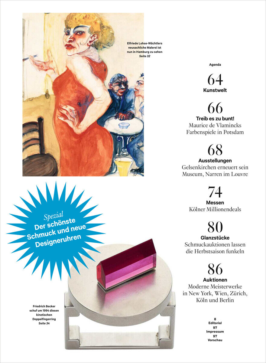 Cover der Weltkunst 234/24 mit dem Titel 'Forever young 100 Jahre Neue Sachlichkeit'. Zu sehen ist ein Kunstwerk einer Frau in einem roten Kleid. Informationen über Kunstmessen und Ausstellungen sind ebenfalls enthalten. Die Farben sind lebhaft, mit dominierenden Rottönen und Blautönen.