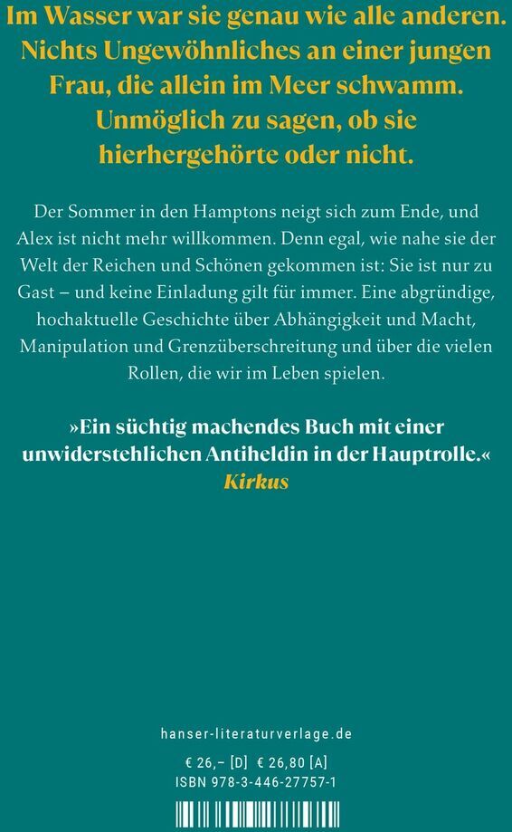 Das Buchcover von 'Cline, Emma: Die Einladung' zeigt einen grünen Hintergrund mit gelbem und weißem Text. Es enthält eine kurze Beschreibung des Inhalts sowie eine Rezension von Kirkus.