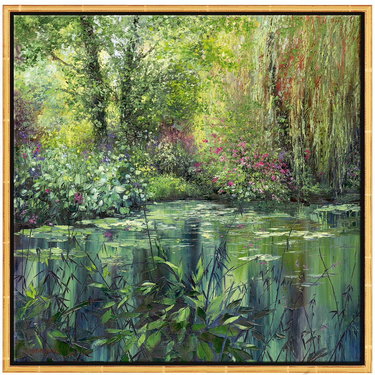 Quadratischer Kunstdruck von Jean-Claude Cubaynes mit dem Titel „Printemps à Giverny“. Frühlingshafte Gartenlandschaft mit üppiger, blühender Flora in sanften Grüntönen, rosa und weißen Blumen, blauen Himmel und fein abgestuften Farben. Hochwertig gerahmt in Massivholz, ca. 53x53 cm, Giclée auf Leinwand.