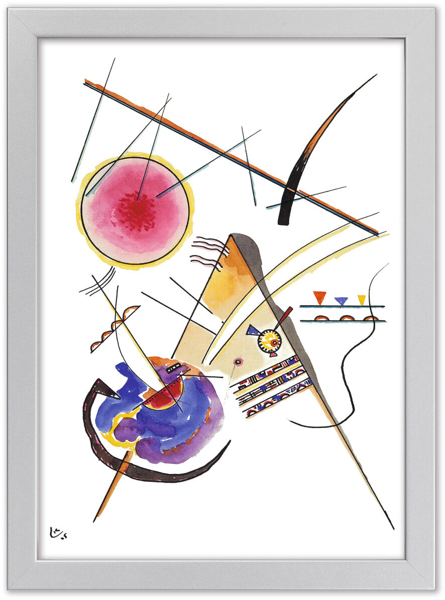 Komposition von Wassily Kandinsky aus dem Jahr 1925 zeigt eine abstrakte Darstellung mit verschiedenen Farben und geometrischen Formen, darunter Kreise, Dreiecke und Linien, auf einem weißen Hintergrund.