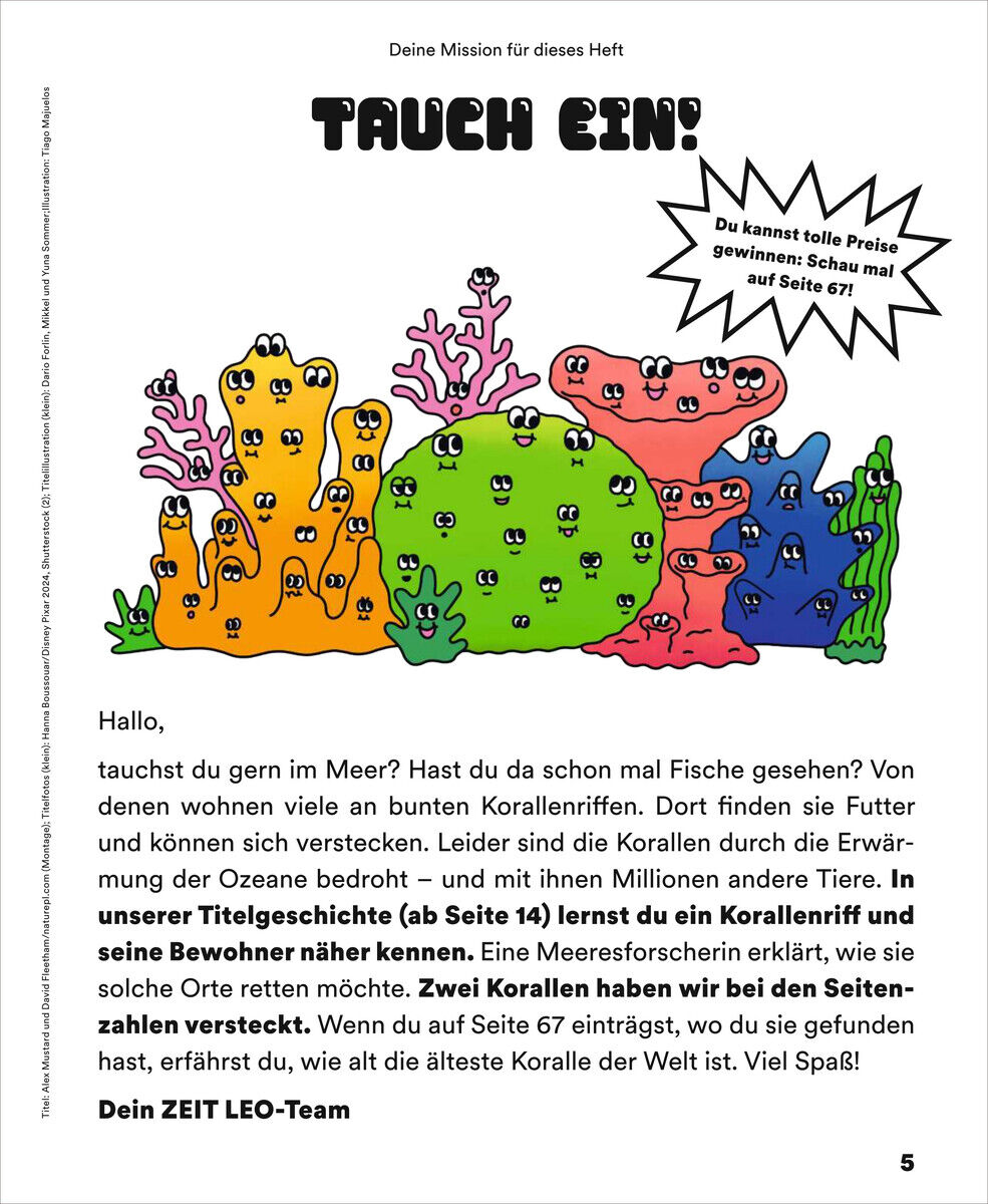 Das Titelbild der Ausgabe ZEIT LEO 6/24 zeigt eine bunte Illustration von niedlichen Korallen und Meerestieren mit den Worten "Tauche ein!" über der Szene. Die zeichnerischen Elemente sind in kräftigen Farben wie Blau, Rosa, Orange, Grün und Gelb gehalten. Der Text fordert die Leser auf, mehr über das spannende Leben im Korallenriff zu erfahren und spannende Preise zu gewinnen.