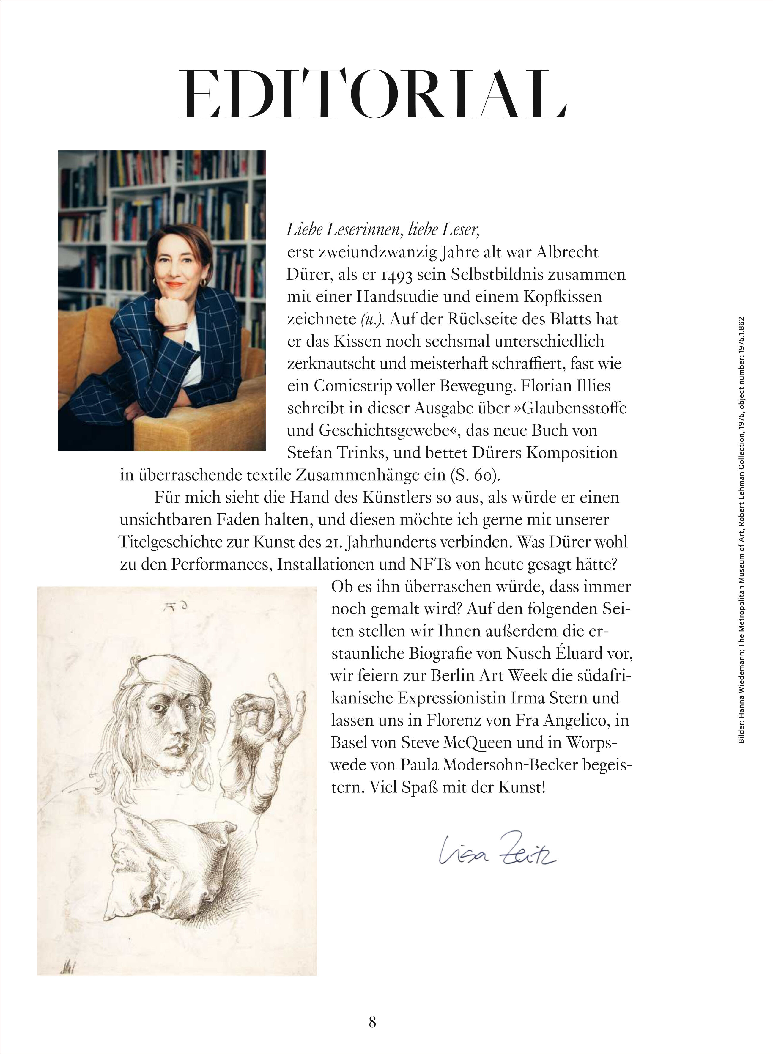Das Bild zeigt eine Magazinseite mit dem Titel 'Editorial' aus der Zeitschrift 'WELTKUNST 245/25 Die Kunst des 21. Jahrhunderts'. Links oben befindet sich ein Porträt einer Frau vor einem Bücherregal. Darunter ist eine klassische Bleistiftzeichnung eines Mannes und einer Hand abgebildet. Rechts davon erscheint ein längerer Fließtext zur Einleitung der Ausgabe sowie die handschriftliche Signatur von Liesa Rott. Die Seite hat ein elegantes, künstlerisches Layout auf weißem Hintergrund.