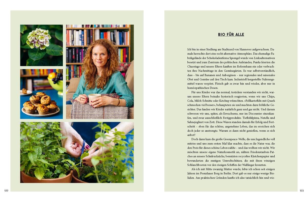 Eine Doppelseite aus dem Buch 'Relaxt vegan' von Hennig von Lange. Links sind Fotos einer Frau, grüner Pflanzen und veganer Backwaren zu sehen. Rechts befindet sich ein Fließtext mit der Überschrift 'Bio für alle'.