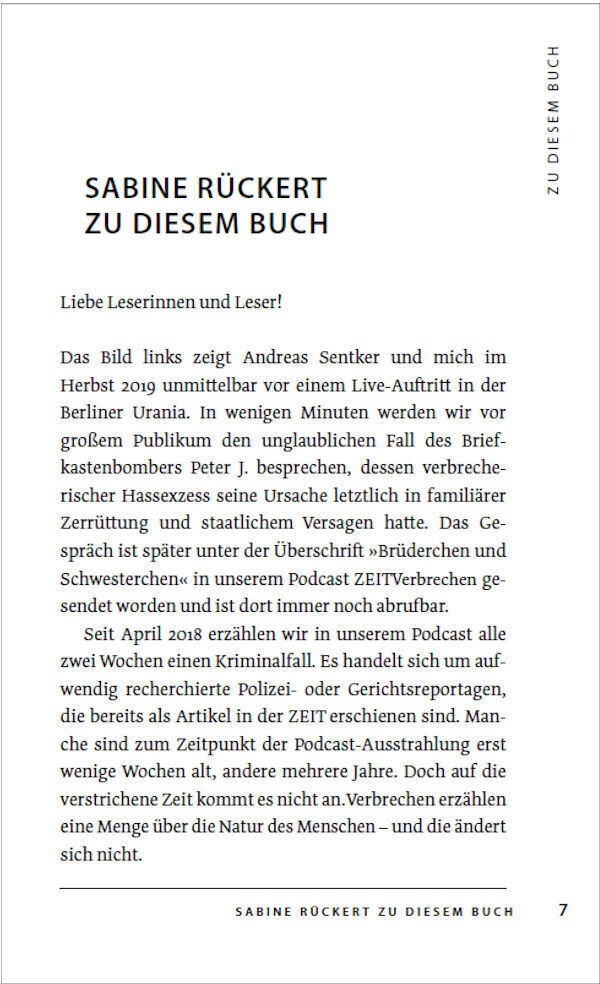Das Bild zeigt eine Seite aus dem Buch ZEIT Verbrechen 2 von Sabine Rückert. Der Text auf der Seite bietet eine Einführung der Autorin zur Bedeutung und den Inhalten des Buches. Rechts auf der Doppelseite steht