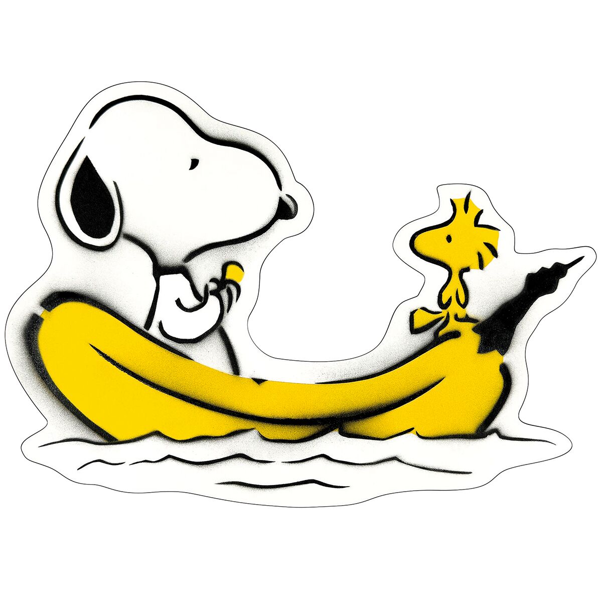 Das Bild zeigt das Wandobjekt »Cut Out Snoopy & Woodstock Banane« von Thomas Baumgärtel. Snoopy und Woodstock sitzen in einer gelben, bananenförmigen Luftmatratze auf stilisiertem Wasser. Das Kunstwerk besteht aus Aluminium hinter Acrylglas und ist Comic-inspiriert.