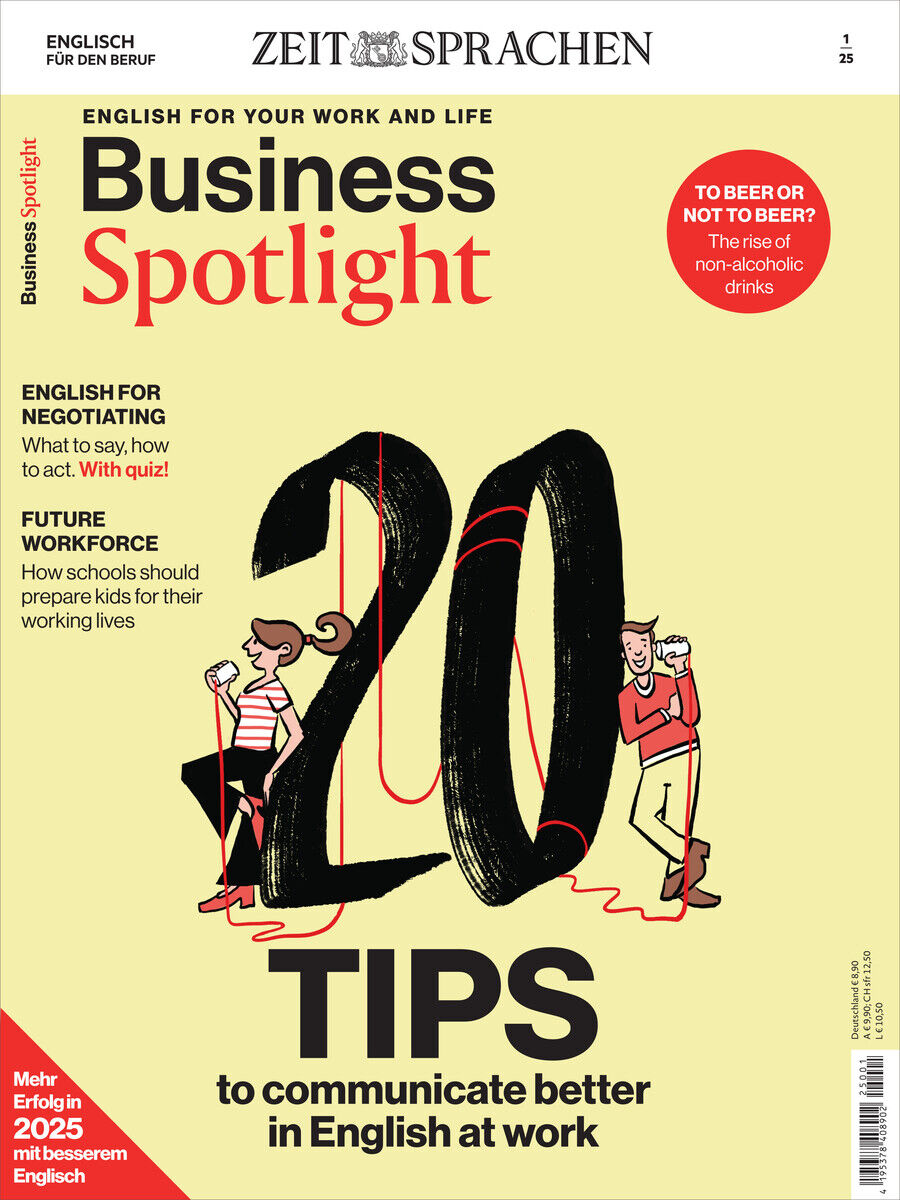 Das Cover des Business Spotlight Magazins 1/25 zeigt bunte Illustrationen von zwei Personen mit Zahlen und Text, darunter der Titel '20 Tipps, um besser auf Englisch am Arbeitsplatz zu kommunizieren'.