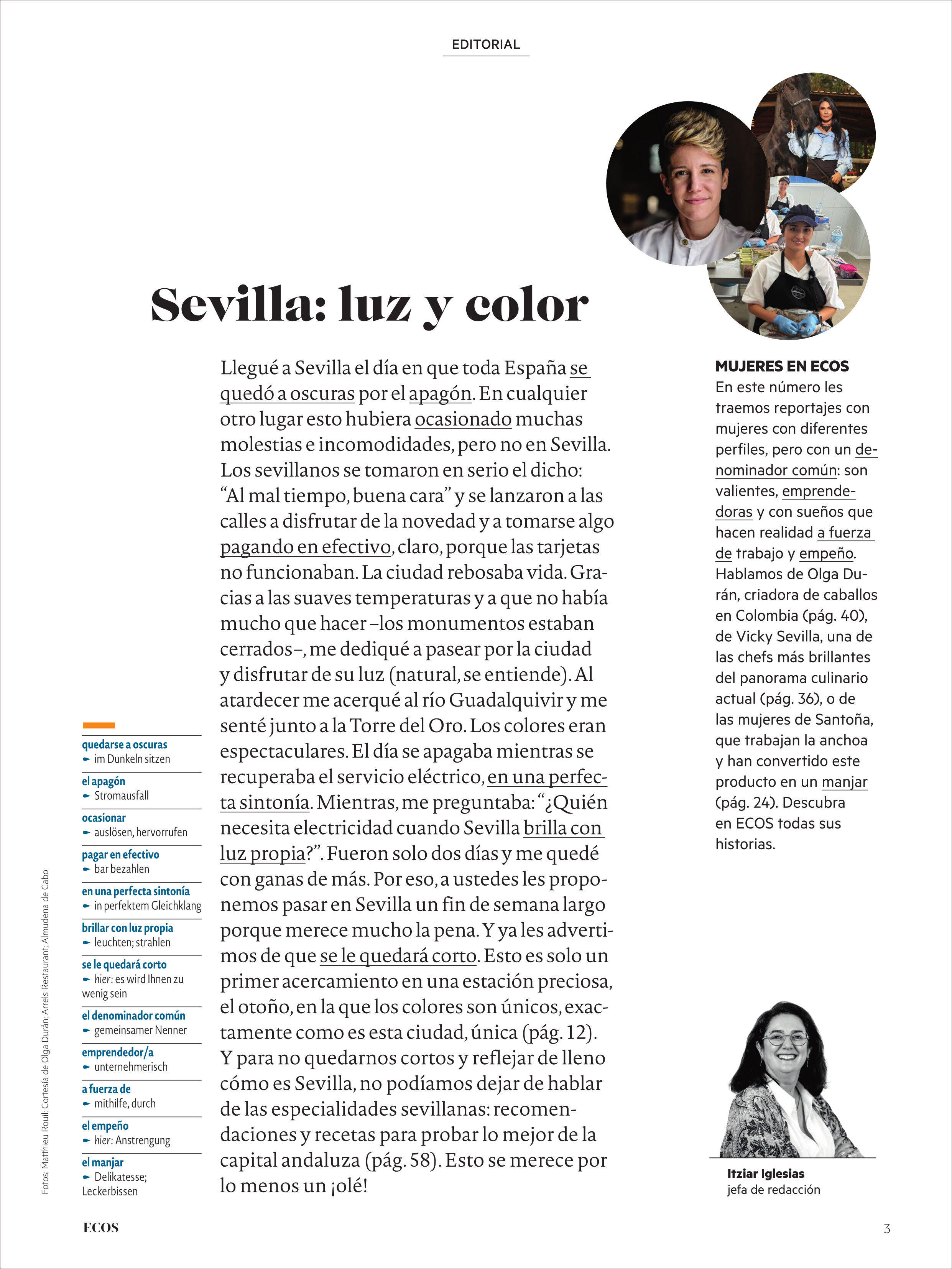 Titelseite und Editorial des Ecos Magazins 13/2025 mit einem Artikel über Sevilla, begleitet von Fotos und kurzen Texten. Es zeigt ein kulturelles Reisemagazin, das Einblicke in spanisches Leben und Sehenswürdigkeiten bietet.