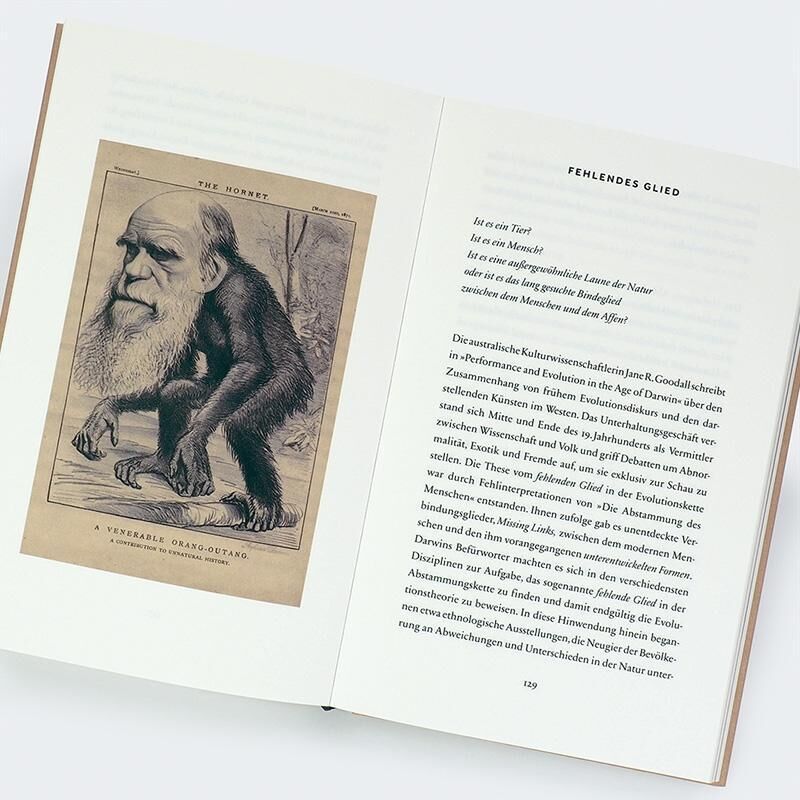 Ein geöffnetes Buch mit dem Titel 'Hässlichkeit' von Hilal M. Auf der linken Seite eine Illustration eines Affen mit menschlichem Gesicht, auf der rechten Seite Text.