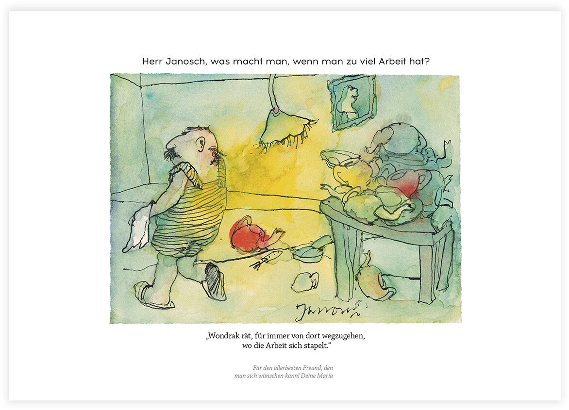 Ein Bild des Buches mit dem Titel 'Janosch: »Herr Janosch, was macht man, wenn man zu viel Arbeit hat?«'. Die Illustration zeigt eine humorvolle Szene, in der eine Figur mit streifenförmigem Kleidungsstück und eine Figur, die an einem Schreibtisch mit einem Überfluss an Arbeit sitzt, dargestellt sind. Das Bild verwendet Pastellfarben wie Blau, Gelb und Grün.