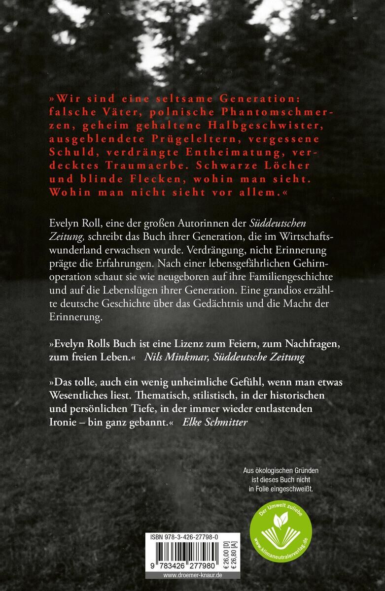 Rückseite des Buches 'Roll, E: Pericallosa' von Evelyn Roll. Der Hintergrund ist schwarz mit rot-weißer Schrift und zeigt Beschreibungen und Zitate über das Buch. Ein grünes Verlagslogo ist unten rechts sichtbar.