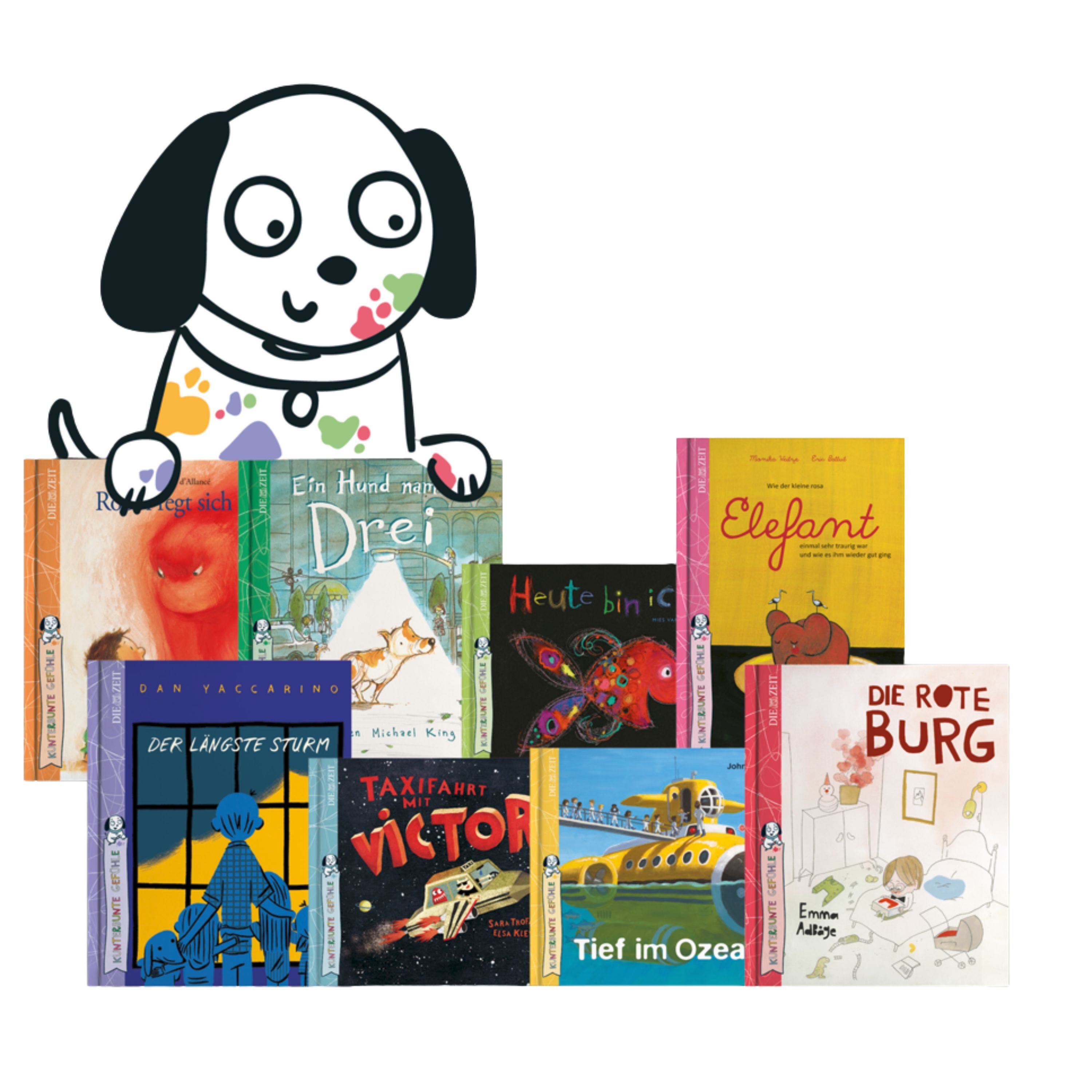 Zu sehen sind neun farbenfrohe Bücher für Kinder ab 4 Jahren aus der ZEIT-Edition »Kunterbunte Gefühle«, teils aufrecht, teils liegend angeordnet. Ein schwarz-weißer, gezeichneter Hund mit bunten Flecken blickt fröhlich über die Bücher hinweg. Die Buchcover zeigen vielfältige Motive und Emotionen.