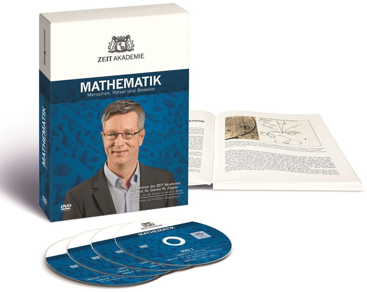 Bild eines »Mathematik«-Seminars von Zeit Akademie. Das Produkt umfasst eine DVD-Box mit mehreren CDs und einem Buch, das aufgeschlagen ist. Das Cover der Box zeigt einen Mann in einem Anzug, und das Design beinhaltet blaue und weiße Farbtöne.