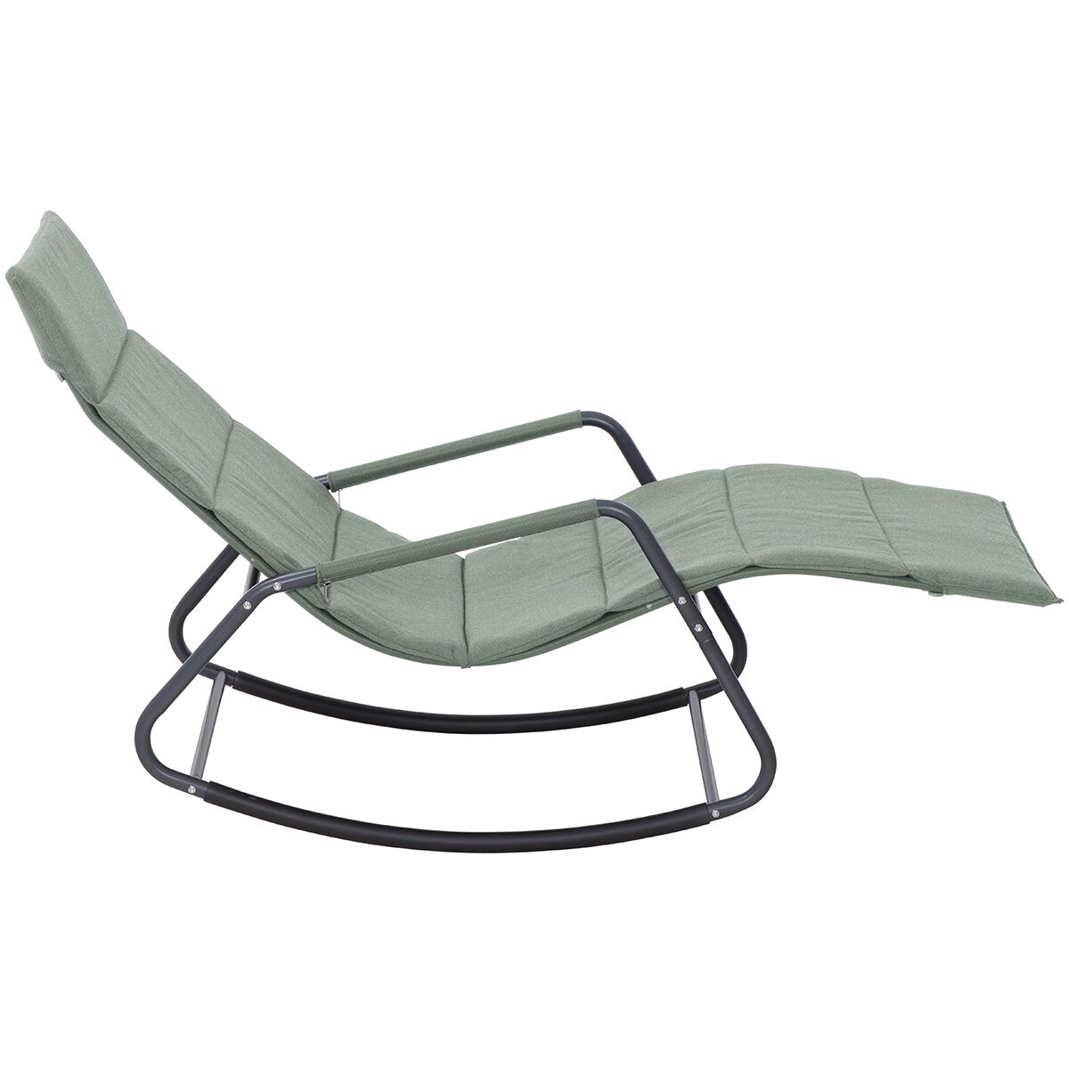 Seitliche Ansicht einer modernen hellgrünen Schaukel-Gartenliege mit schwarzem Metallgestell und ergonomisch geformter Sitzfläche, geeignet für den Außenbereich wie Garten, Terrasse oder Balkon.