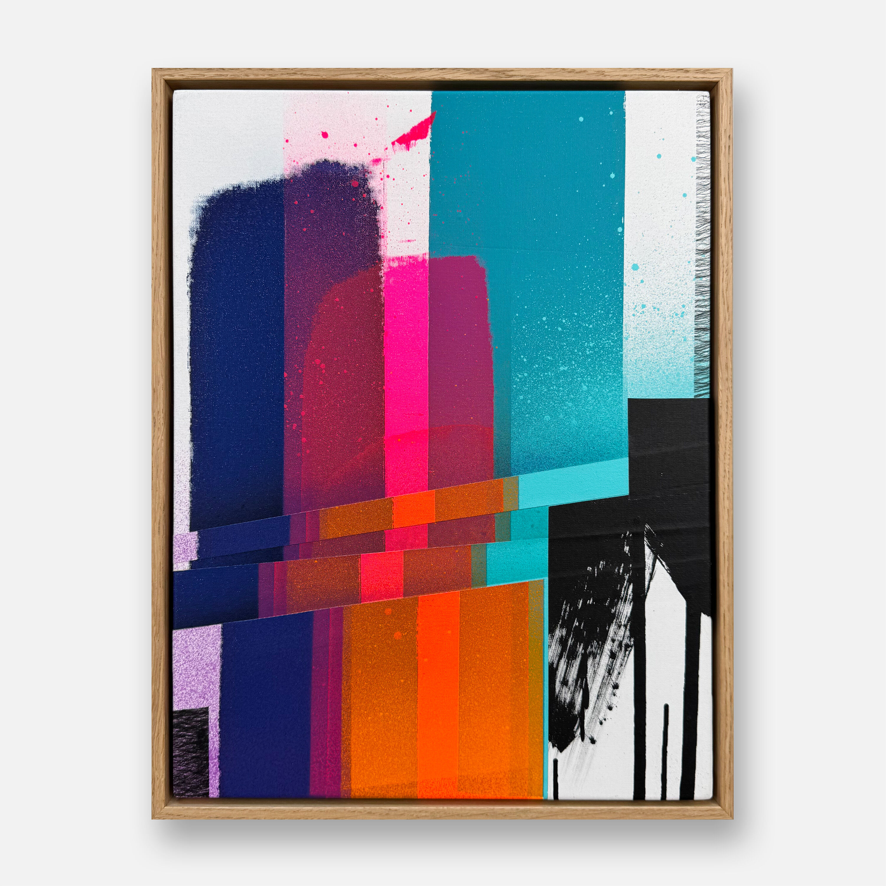 Siebdruckkunstwerk in Holzrahmen mit abstrakten Farbbalken und -flächen in Blau, Pink, Orange, Türkis und Schwarz auf weißem Hintergrund. Das Bild wirkt modern und farbenfroh, ideal als Wanddekoration in Wohn- oder Arbeitsräumen.