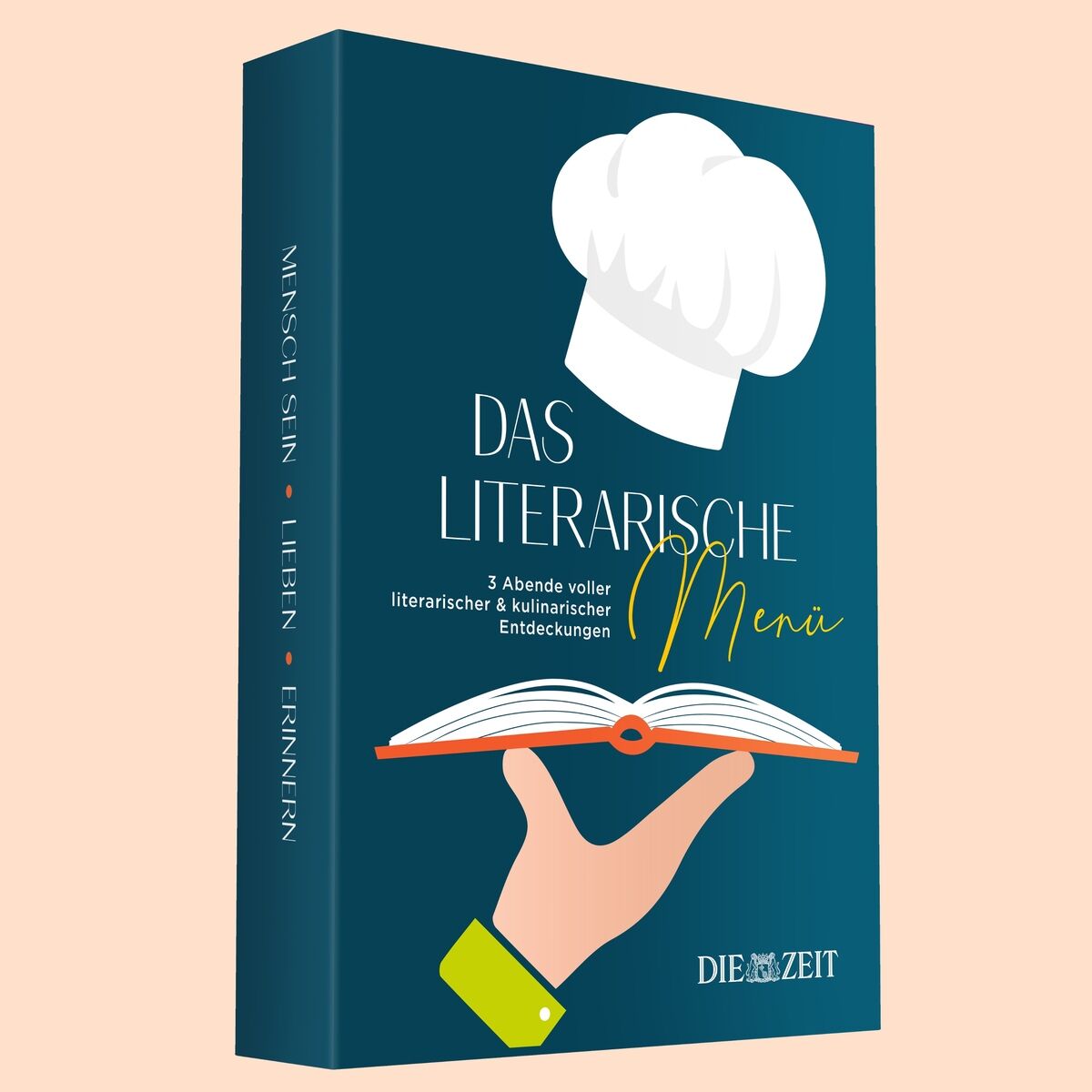 Buchcover der ZEIT-Edition »Das literarische Menü« zeigt eine grafische Darstellung eines offenen Buches, das als Teller mit einer Kochmütze darüber dargestellt ist. Der Hintergrund ist dunkelblau, die Schrift richtet sich in Weiß und Grün.