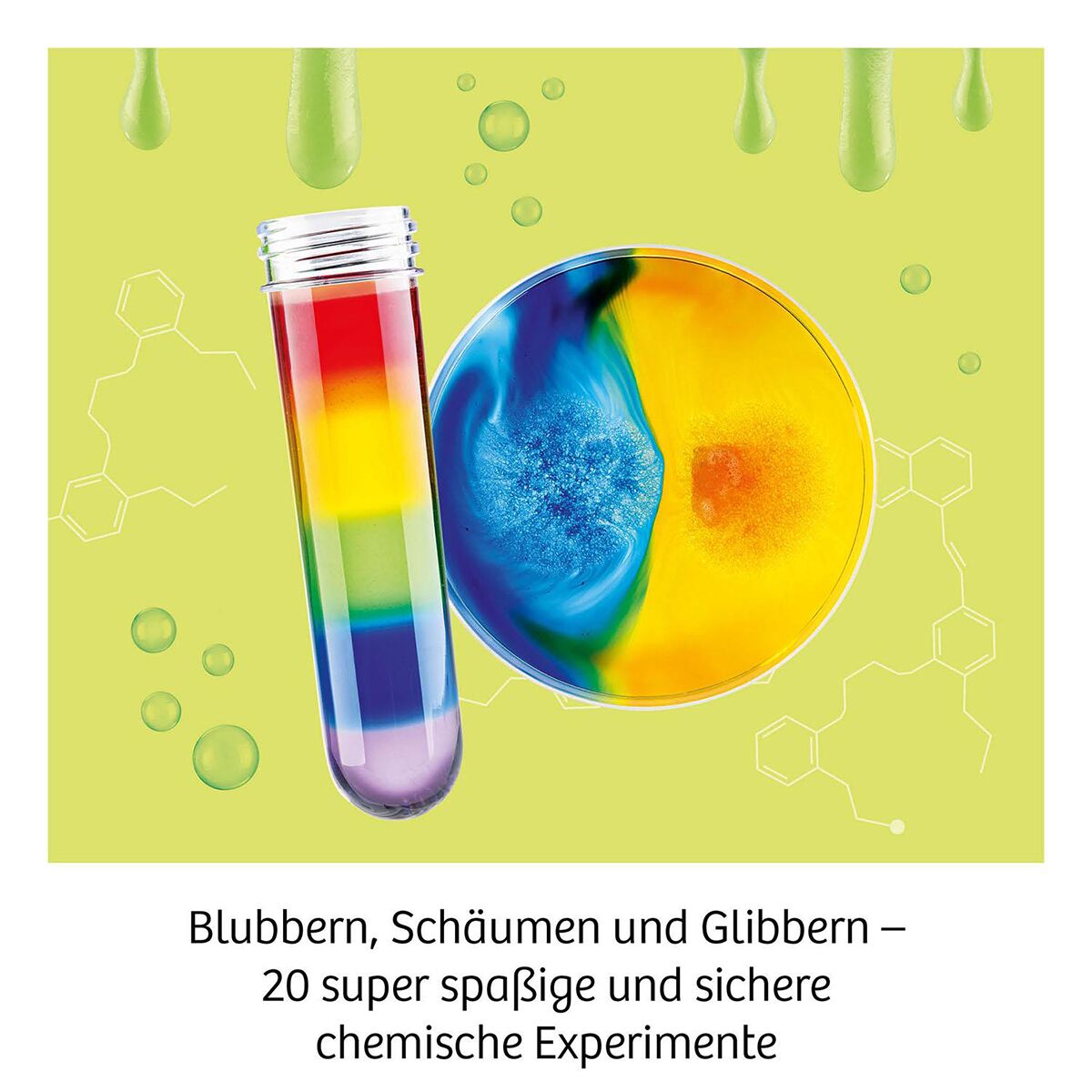Das Bild zeigt ein bunte Chemie-Experimentierset für Kinder mit einem mehrfarbigen Reagenzglas und einer Petrischale, in der sich verschiedene Farben vermischen. Der Hintergrund ist hellgrün mit Blasen und chemischen Strukturformeln. Das Produkt vermittelt spielerisch Wissen über Chemie und eignet sich für Bildungszwecke und kreative Aktivitäten.