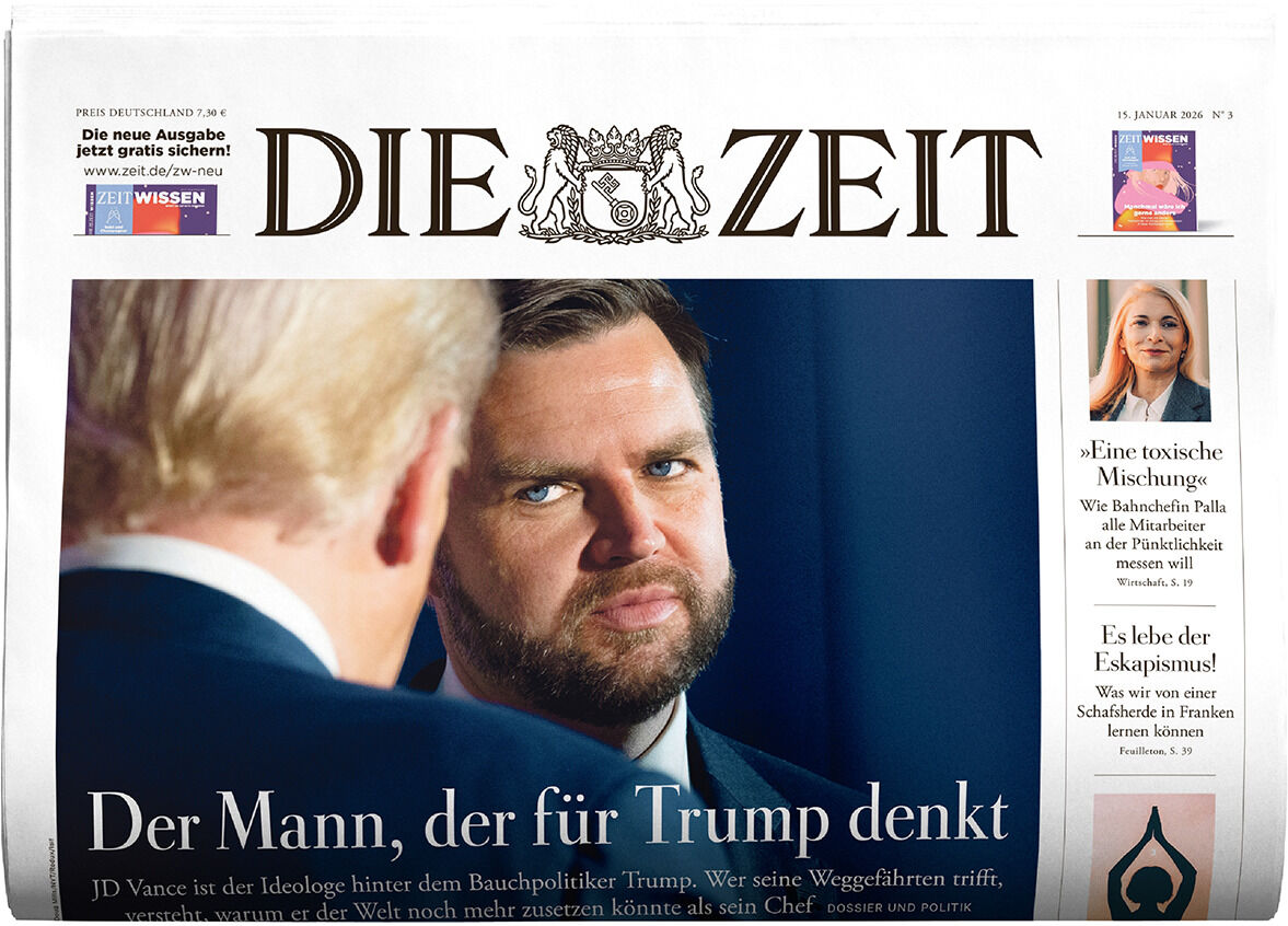 Das Titelblatt der deutschen Wochenzeitung DIE ZEIT 03/2026 zeigt einen Mann mit Bart im Anzug im Gespräch mit einer weiteren Person. Daneben befinden sich farbige Textfelder und ein kleineres Bild auf weißem Hintergrund. Die Zeitung wirkt hochwertig und seriös.
