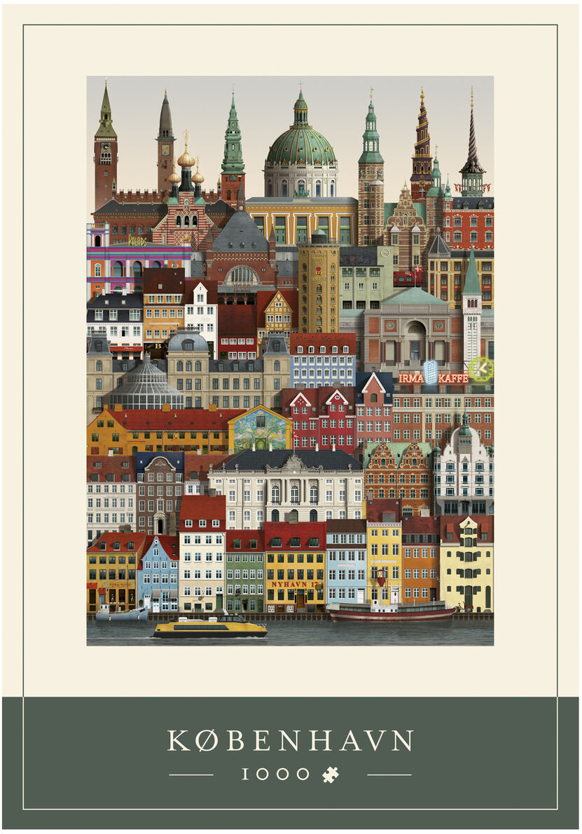 Abgebildet ist ein Puzzle mit 1000 Teilen, das eine bunte und detailreiche Illustration von Kopenhagen zeigt. Mehrere farbenfrohe Hausfassaden, bedeutende Gebäude und Kirchenkuppeln sind dicht aneinander gereiht. Das geschmackvolle, moderne Verpackungsdesign hebt das Stadtmotiv hervor.