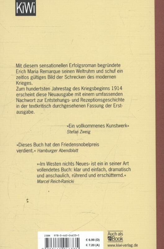 Der hintere Umschlag eines Buches mit dem Titel 'Im Westen nichts Neues' von Erich Maria Remarque, präsentiert von KiWi Verlag. Das Design ist in beige mit Texten und Rezensionen in schwarzer Schrift. Es sind Lobeshymnen sichtbar. Unten sind das Taschenbuchpreis und ein Verweis auf das eBook erkennbar.