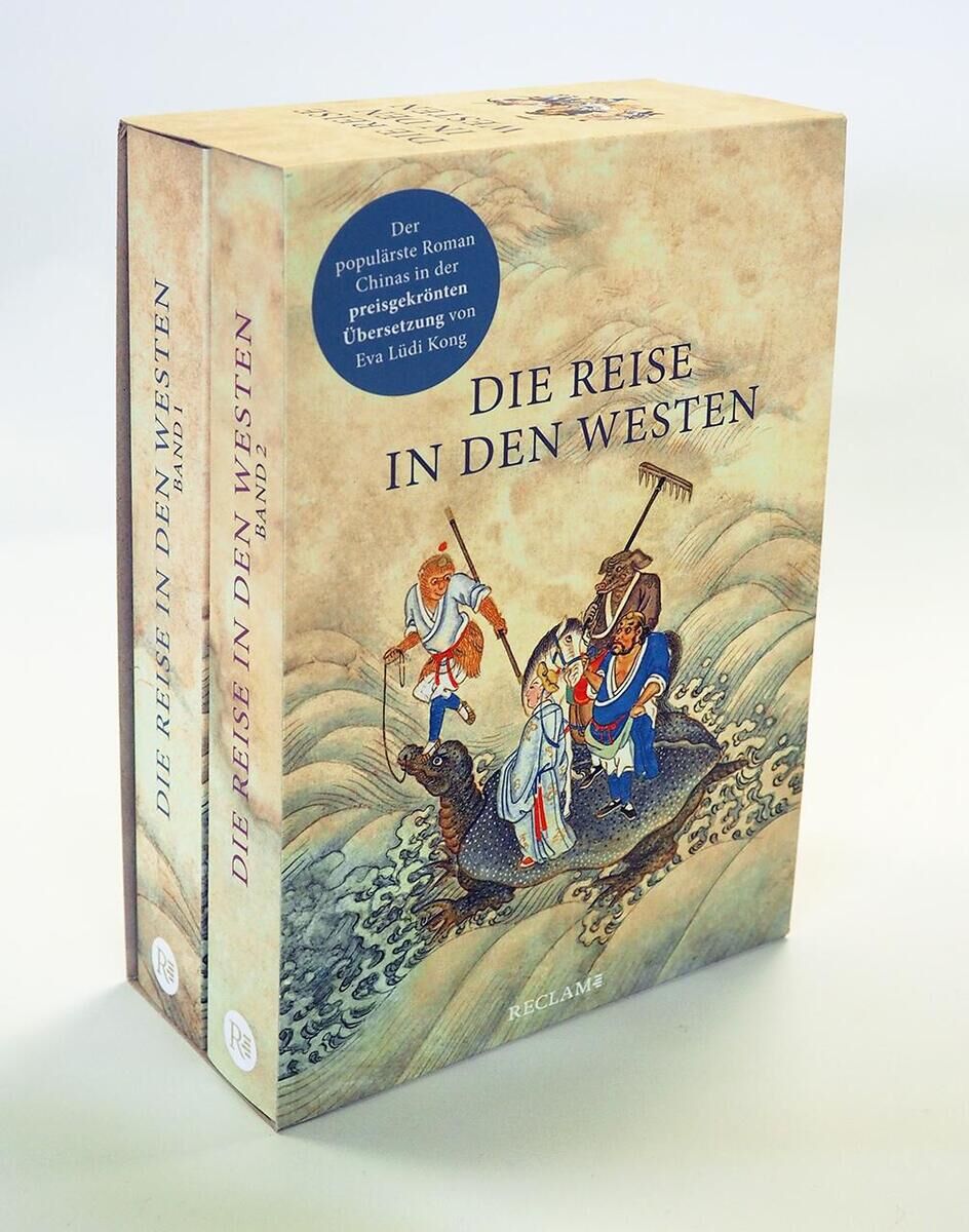 Das Bild zeigt eine Buchbox des Titels "Die Reise in den Westen". Die Box enthält zwei Bücher und ist beige mit einer farbigen Illustration von Charakteren aus der chinesischen Mythologie auf der Vorderseite. Der Titel und weitere Informationen sind in schwarzer Schrift aufgedruckt.