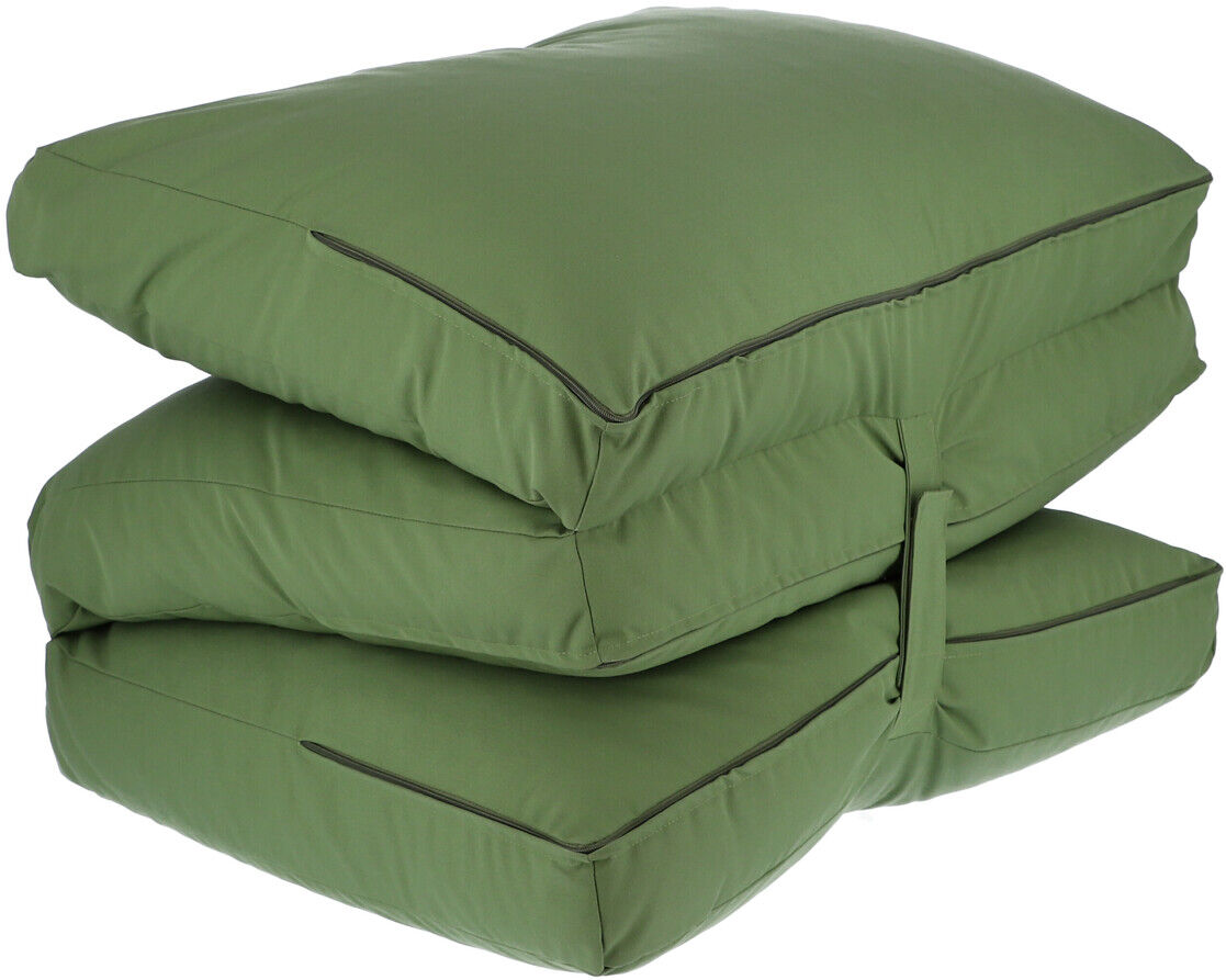 Eine grüne Gartenmatratze 'Sheffield', bestehend aus mehreren gepolsterten Schichten, ideal für den Außeneinsatz.