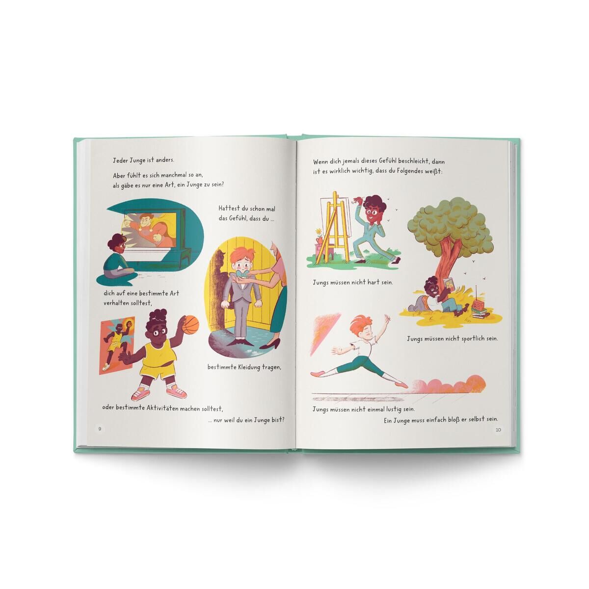 Eine Doppelseite eines Kinderbuchs, das verschiedene Geschichten und bunte Illustrationen von Jungen zeigt, die verschiedene Tätigkeiten ausführen wie Basketball spielen, klettern und zeichnen. Der Text behandelt Geschlechtsidentität und Diversität.