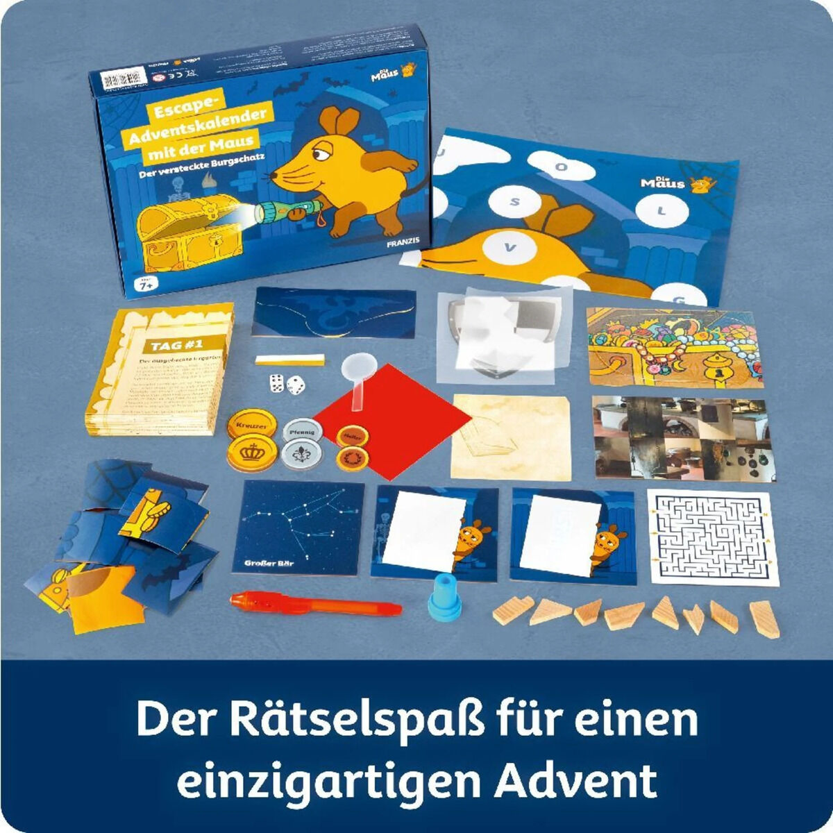 Ein Escape-Adventskalender mit der Maus aus der TV-Sendung 'Die Sendung mit der Maus'. Das Bild zeigt die Verpackung und den Inhalt des Kalenders, einschließlich Rätselkarten, Stiften, Notizen und kleineren Spielzeugen. Der Slogan lautet: 'Der Rätselspaß für einen einzigartigen Advent'.
