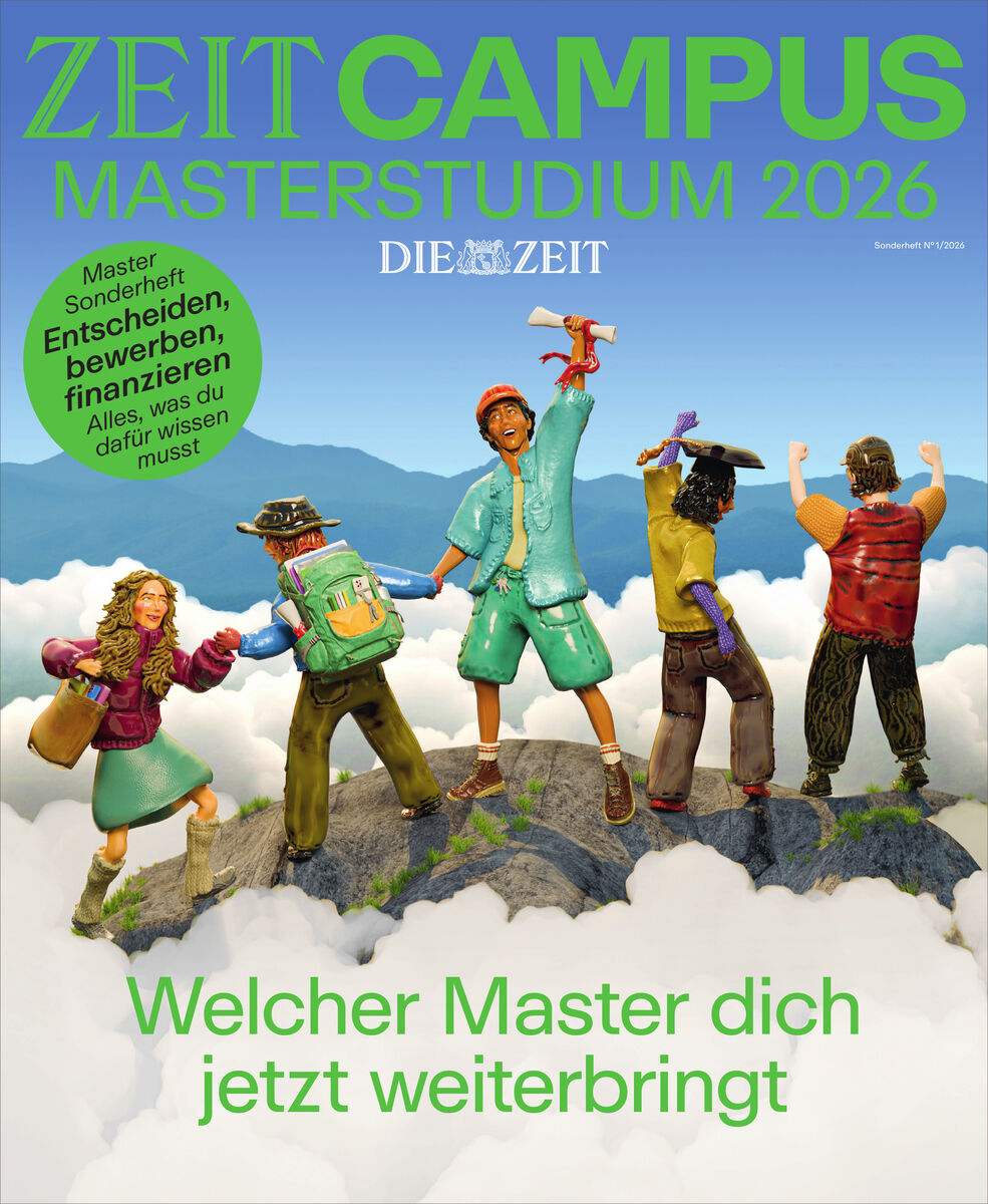 Das Cover der ZEIT CAMPUS MASTERSTUDIUM 2026 zeigt fünf bunte, freudige Figuren auf einem Berggipfel in Wolkenlandschaft. Titel und Schrift dominieren in Grün und Blau. Kreis betont: Entscheiden, bewerben, finanzieren. Unten steht: Welcher Master dich jetzt weiterbringt.