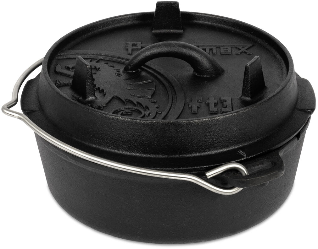 Ein schwarzer Dutch Oven aus Gusseisen mit einem stabilen Metalgriff und einem Deckel.