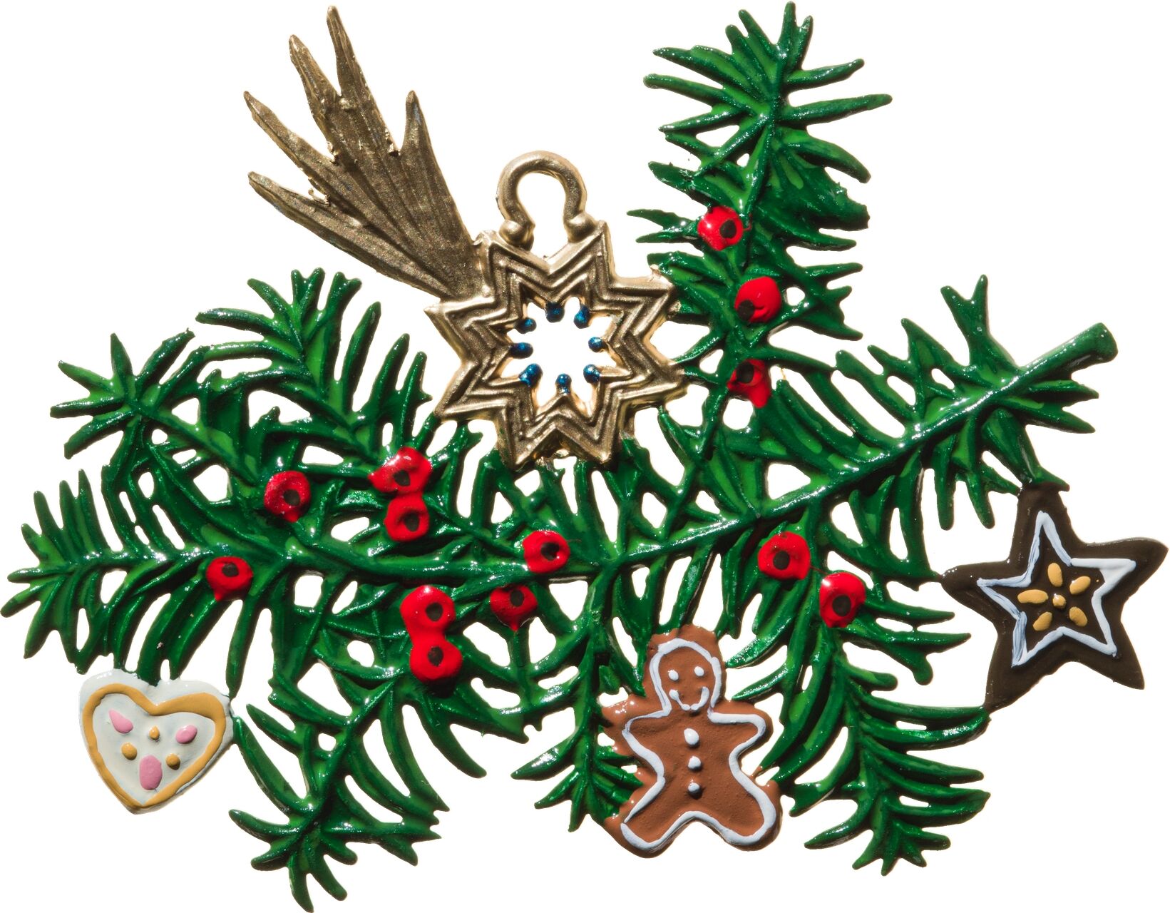 Abbildung einer Zinnfigur in Form eines dekorativen Eibenzweigs mit roten Beeren, mehreren weihnachtlichen Plätzchenmotiven und einem goldenen Stern mit Schweif. Die Figur ist liebevoll bemalt und erinnert an traditionellen Christbaumschmuck.