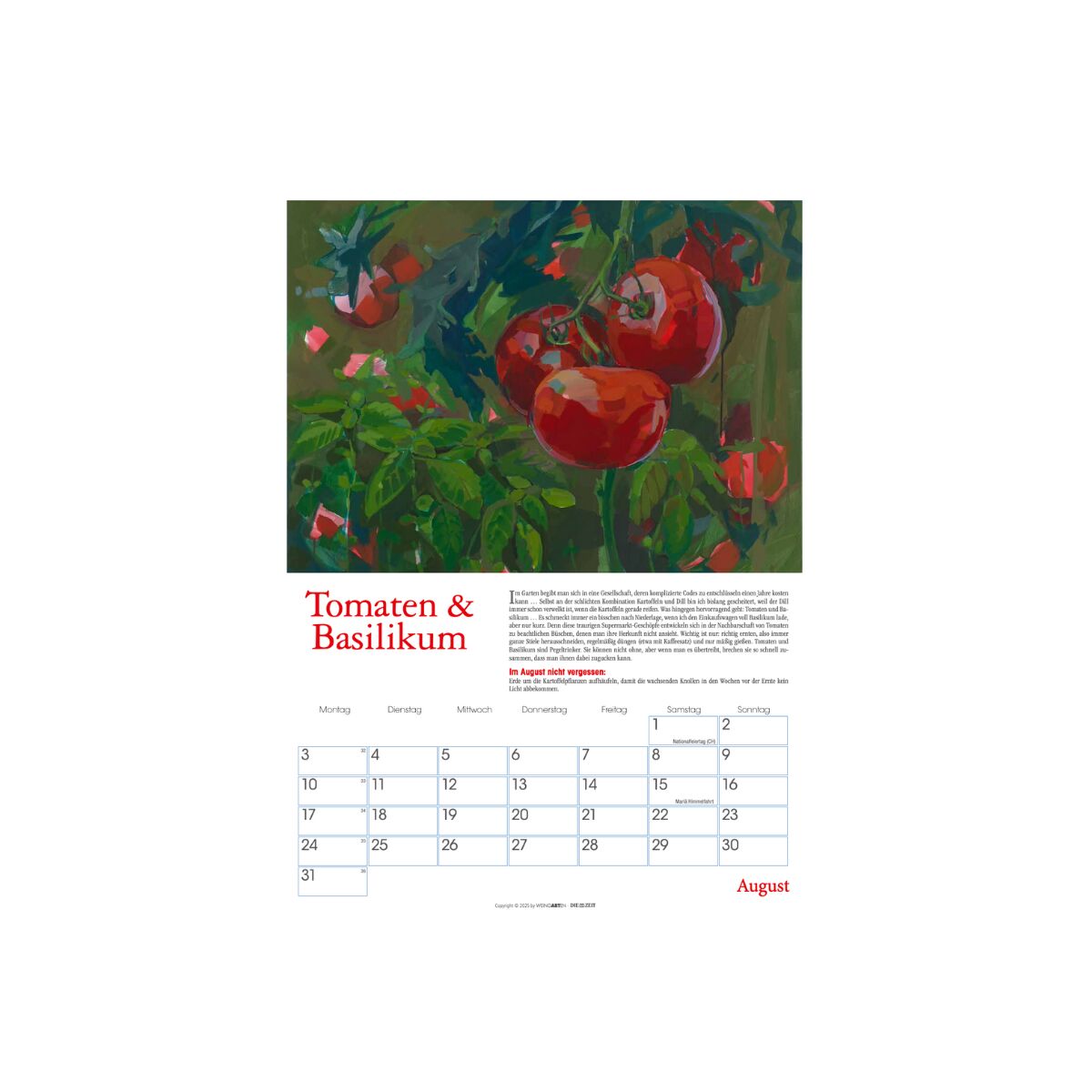Kalenderblatt mit einer Illustration von Tomaten und Basilikum, darunter ein Monatskalender für August 2026 in strukturiertem Layout.