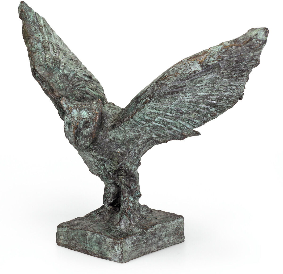 Eine Skulptur aus Bronze mit dem Titel »Sophia« von Thomas Jastram. Sie zeigt eine abstrahierte Darstellung eines Vogels. Die Figur hat eine grünliche Patina und steht auf einem rechteckigen Sockel.