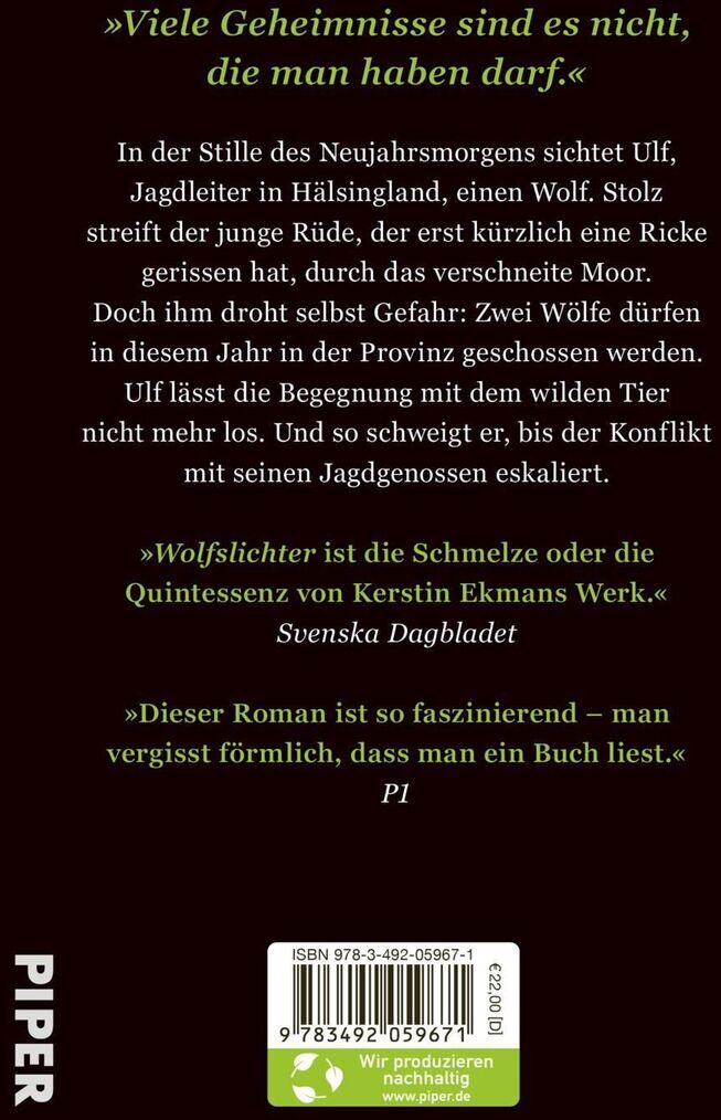 Buchcover von 'Wolfslichter' von Kerstin Ekman. Auf dem Cover sind Zitate zu sehen, u.a. von Svenska Dagbladet, die das Buch als faszinierend und schmelzend beschreiben. Unten befindet sich das Piper-Logo.