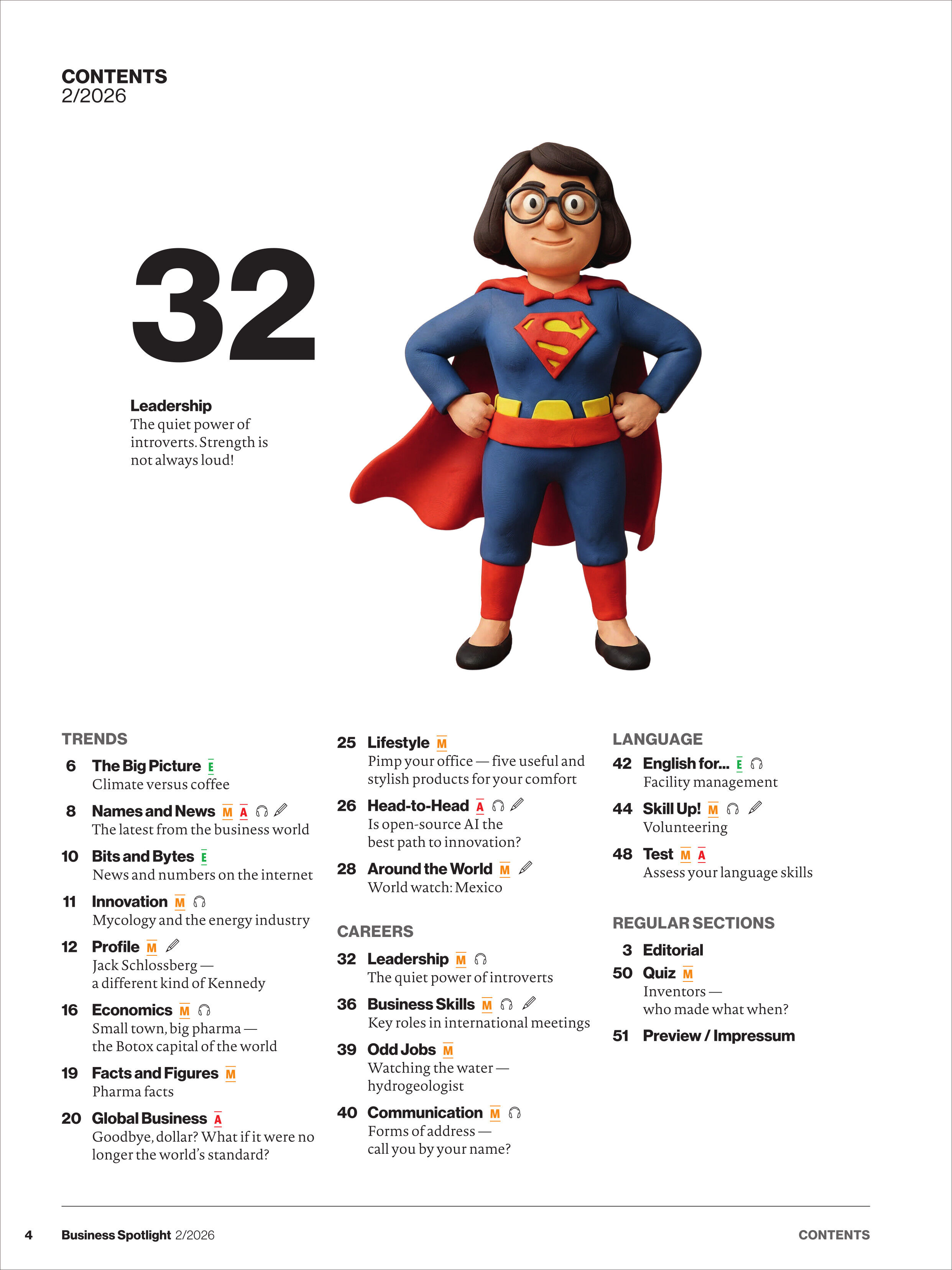 Das Magazin-Cover zeigt eine animierte Frauenfigur im Superheldinnenkostüm mit rotem Cape, blauer Kleidung und gelbem S auf der Brust. Links daneben steht groß die Zahl 32 und darunter der Text „Leadership – The gentle power of introverts. Strength is not always loud“. Darunter folgt ein übersichtliches Inhaltsverzeichnis in schwarzer Schrift auf weißem Grund.