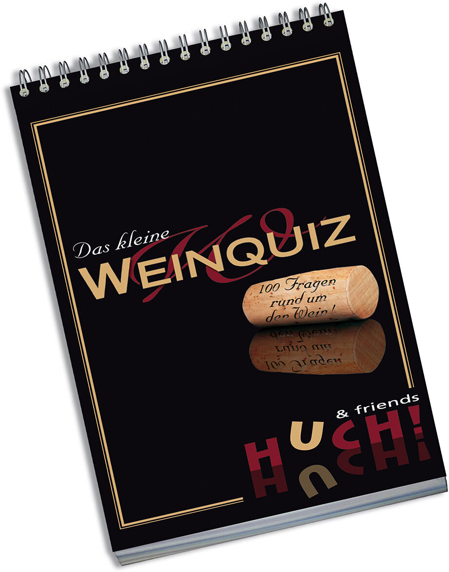 Spiel-Set »Welt der Weine« mit dem Titel 'Das kleine Weinquiz', präsentiert als schwarzes Buch mit goldenen und roten Akzenten, mit einem Korken-Abbildung und dem Logo von Huch! & friends