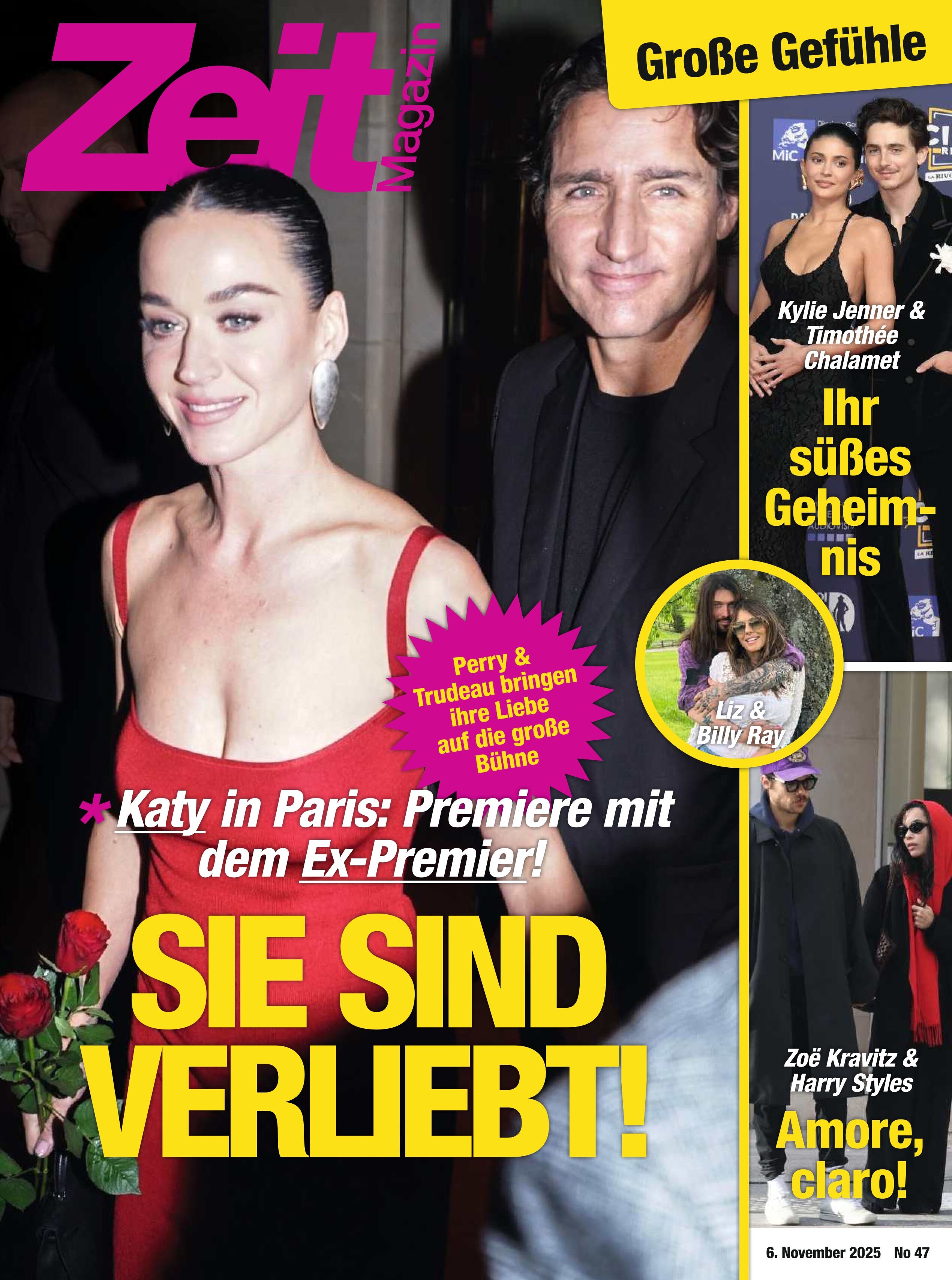 Titelblatt des Zeit Magazins Ausgabe 47/2025, zeigt zwei lächelnde Prominente in eleganter Kleidung, umgeben von violetten und gelben Designelementen sowie diversen Schlagzeilen zu Liebesgeschichten und Stars aus Musik und Film.