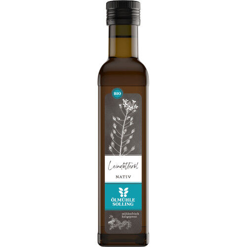 Das Bild zeigt eine Glasflasche mit nativen Bio-Leinöl der Marke Ölmühle Solling. Die Flasche trägt ein türkisfarbenes Etikett mit einer stilisierten Pflanze und ist für eine ausgewogene, pflanzliche Ernährung geeignet. Die Abbildung vermittelt den Eindruck eines hochwertigen, naturbelassenen Produktes.