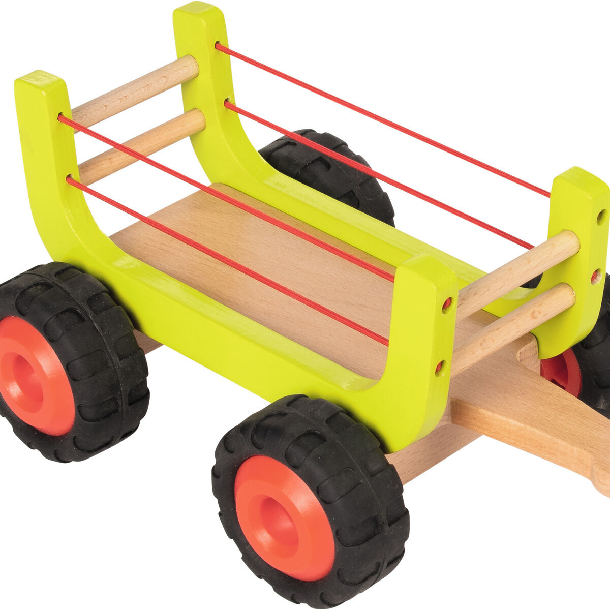 Abgebildet ist ein bunter Holz-Heuwagen für Kinder. Das Spielzeug hat grüne Seitenwände, rote Reifen mit schwarzem Profil und besteht aus naturfarbenem Holz. Der Wagen ist kindgerecht gestaltet und eignet sich für landwirtschaftliche Rollenspiele und für Kinder ab drei Jahren.