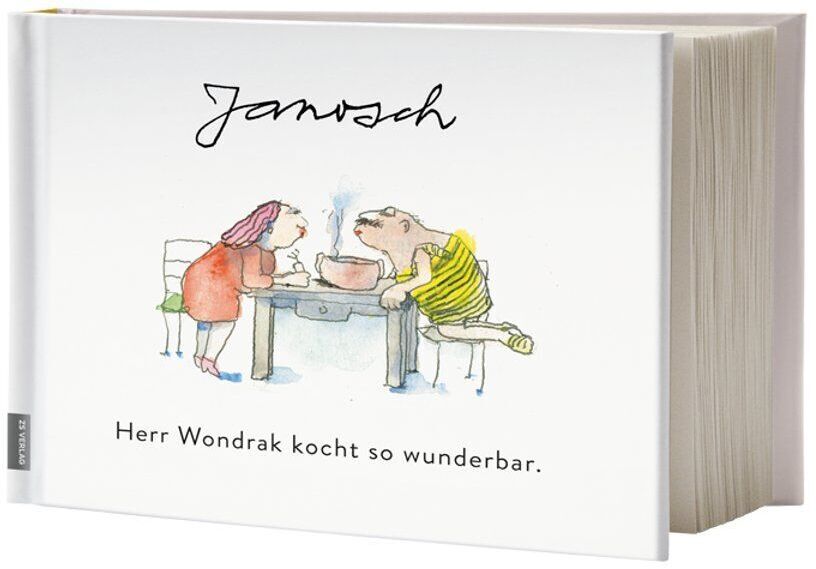 Ein Kinderbuch mit dem Titel 'Herr Wondrak kocht so wunderbar' von Janosch. Das Buch hat ein weißes Cover mit einer Illustration zweier fabelhafter Charaktere an einem Tisch, die Wundrak beim Kochen zeigen.